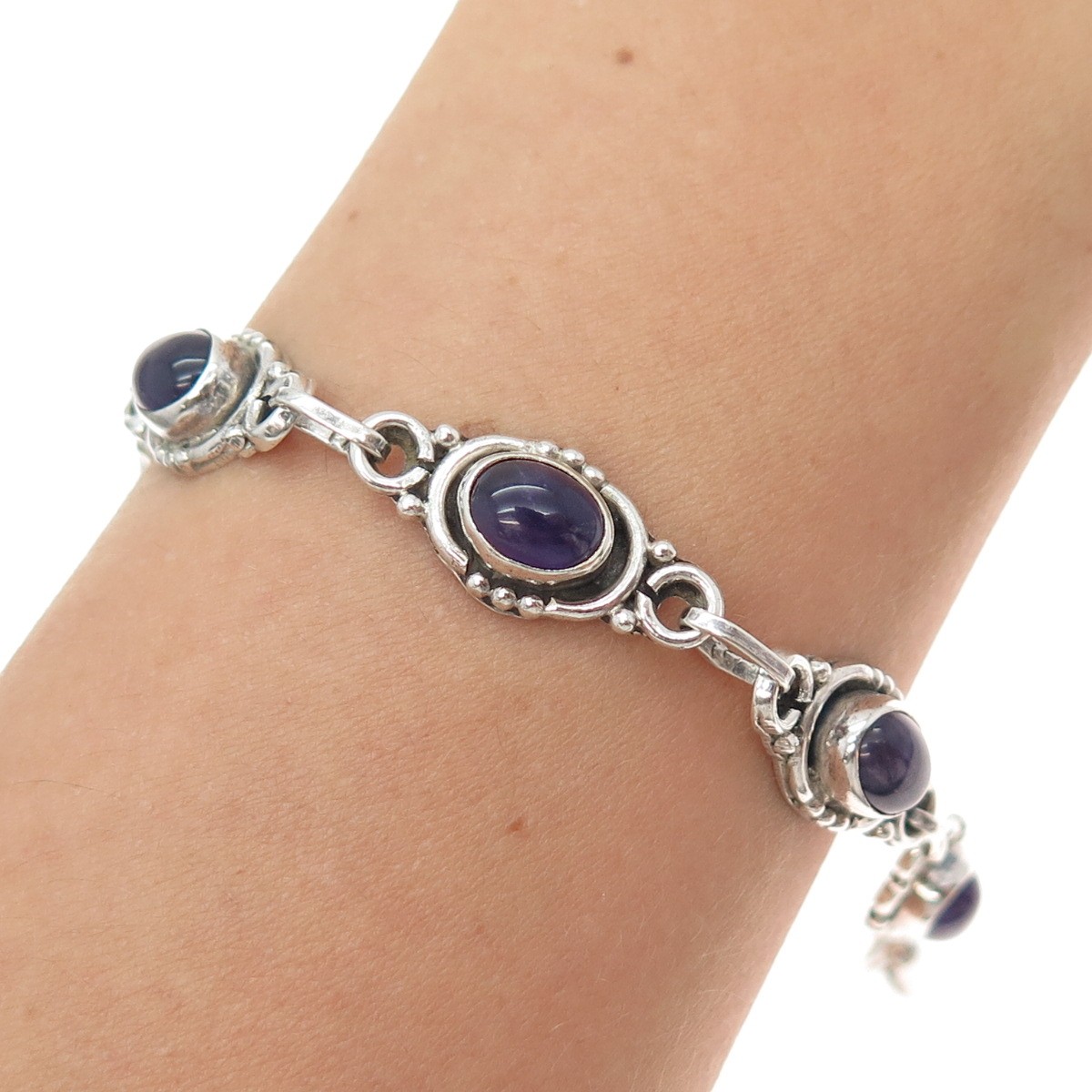 925 Sterling Silver Vintage Real Cabochon Amethyst Bracelet 6.5-7.5″