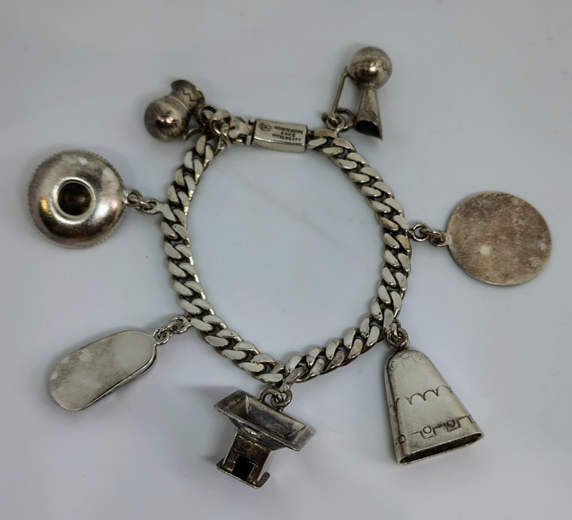 Antique 1940’s Mexico ERAS Sterling Silver 925 Bracelet 7 Charm 43.3g