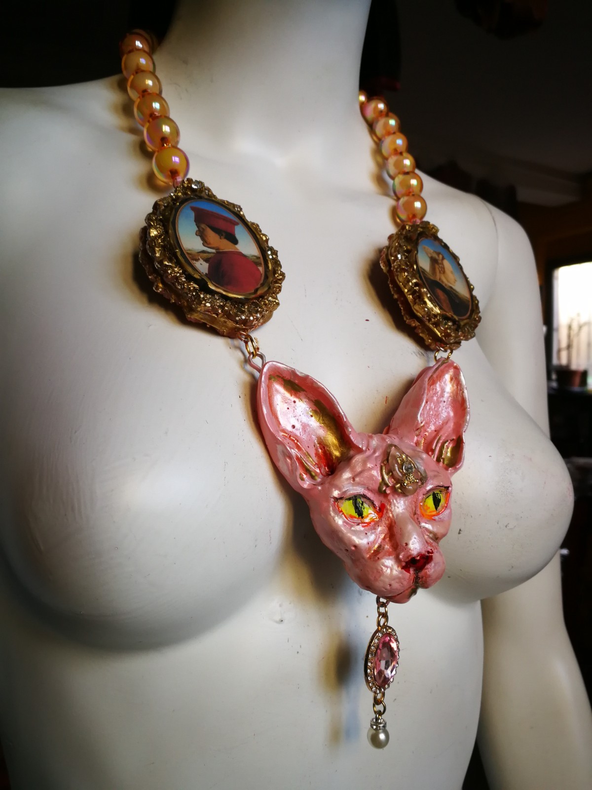 Statement Luxury Necklace Jewelry Pendant Sculpture Sphynx Cat Antique Cameo Bib