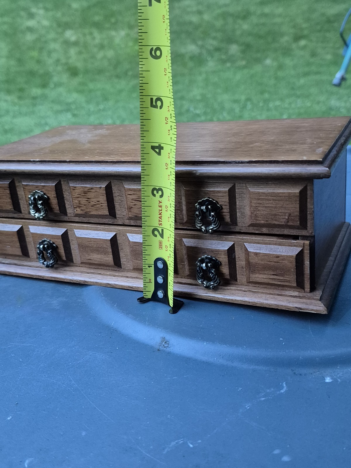 Vintage Wood Jewelry Box Mirror Mustard Yellow Corduroy Lining 2 Tier Organizer