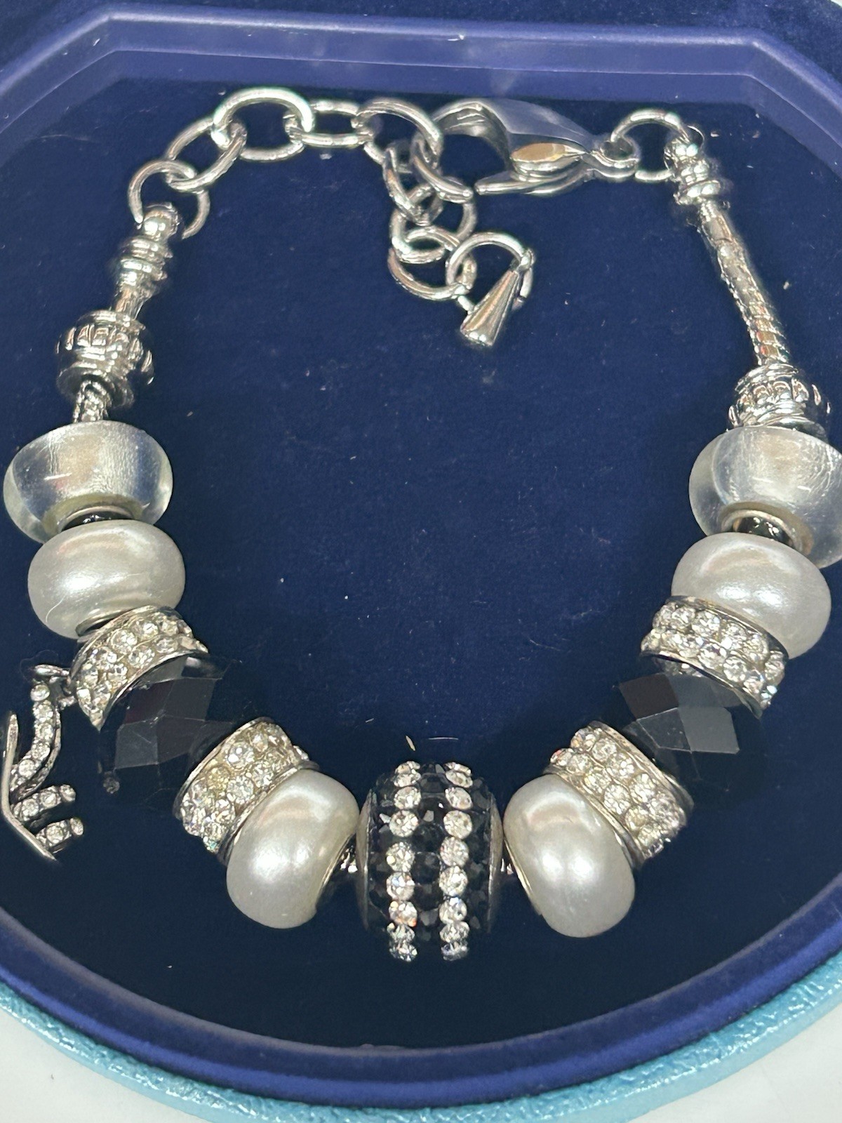 Bella Perlina Charm Bracelet with Black & White Beads and Rhinestone Accents
