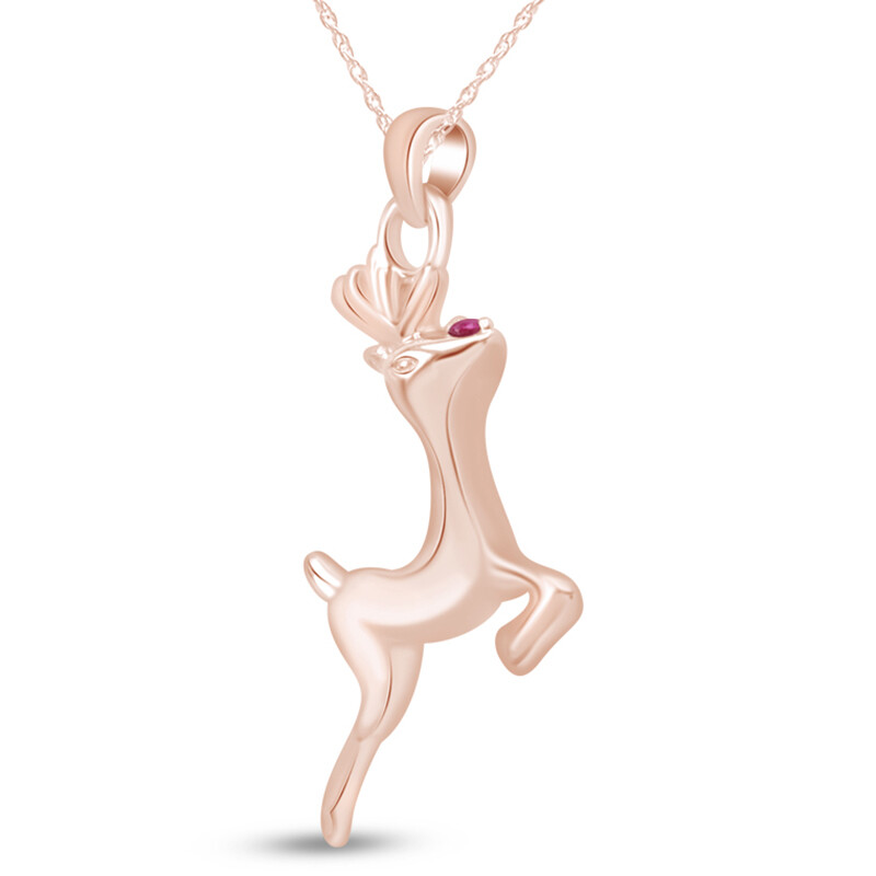 Ruby Reindeer Pendant & Chain 14k Rose Gold Plated