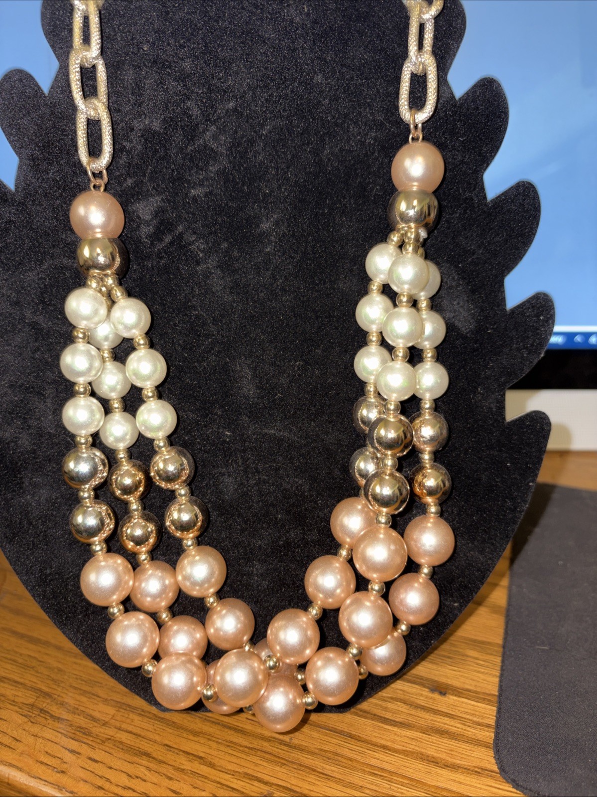 vintage pink champagne&cream faux pearls,multi strand.gold tone accented beads