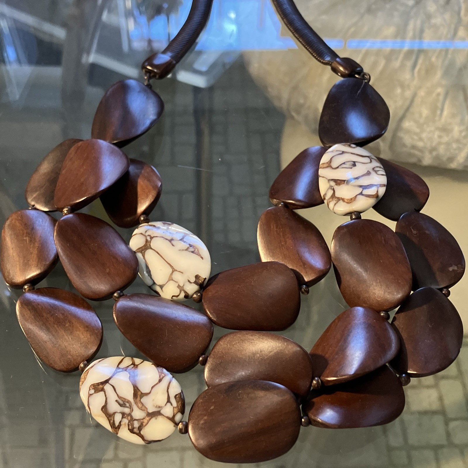 Brown Wood Beaded Statement Necklace White Oval Stone Accent Cord, Lobster