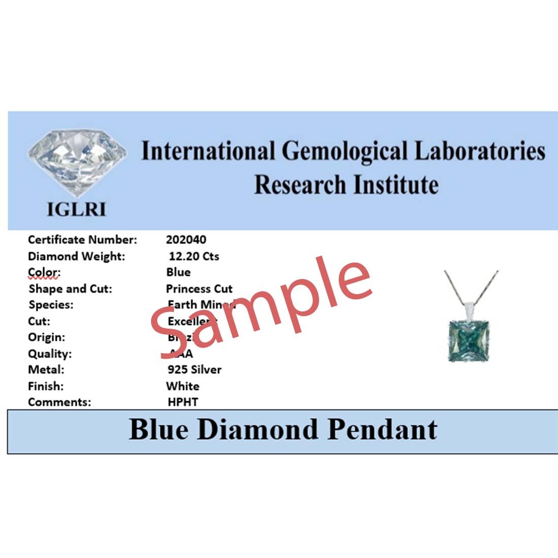 20.00 Ct Certified Lovely Treated Blue Diamond Solitaire Pendant In 925 Silver