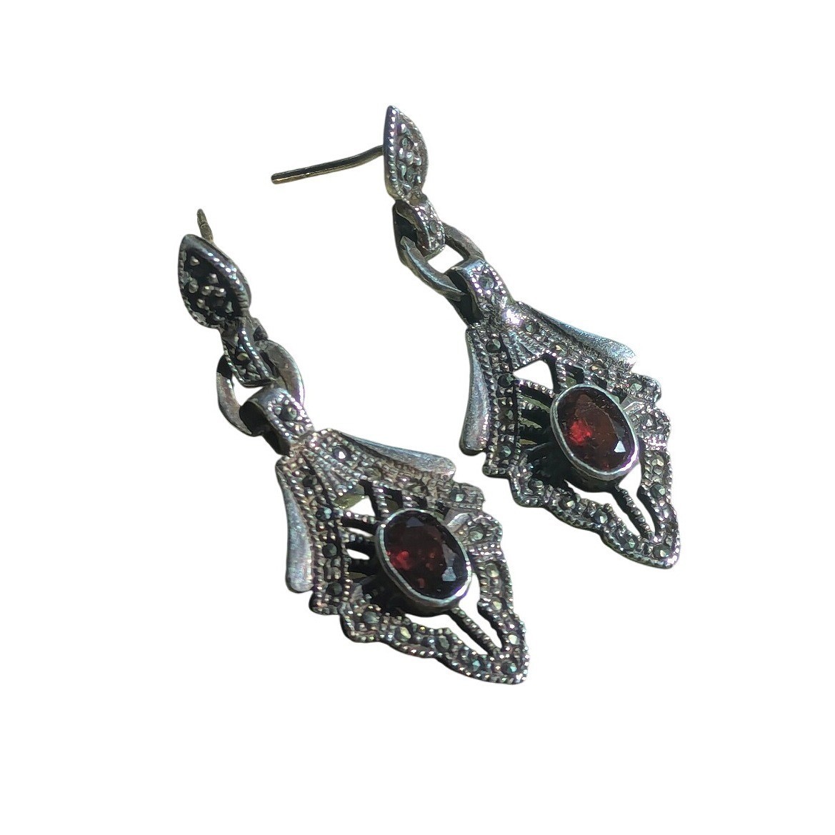 Vintage Sterling Silver 925 Garnet Marcasite Art Deco Drop EarringsArt Nouveau