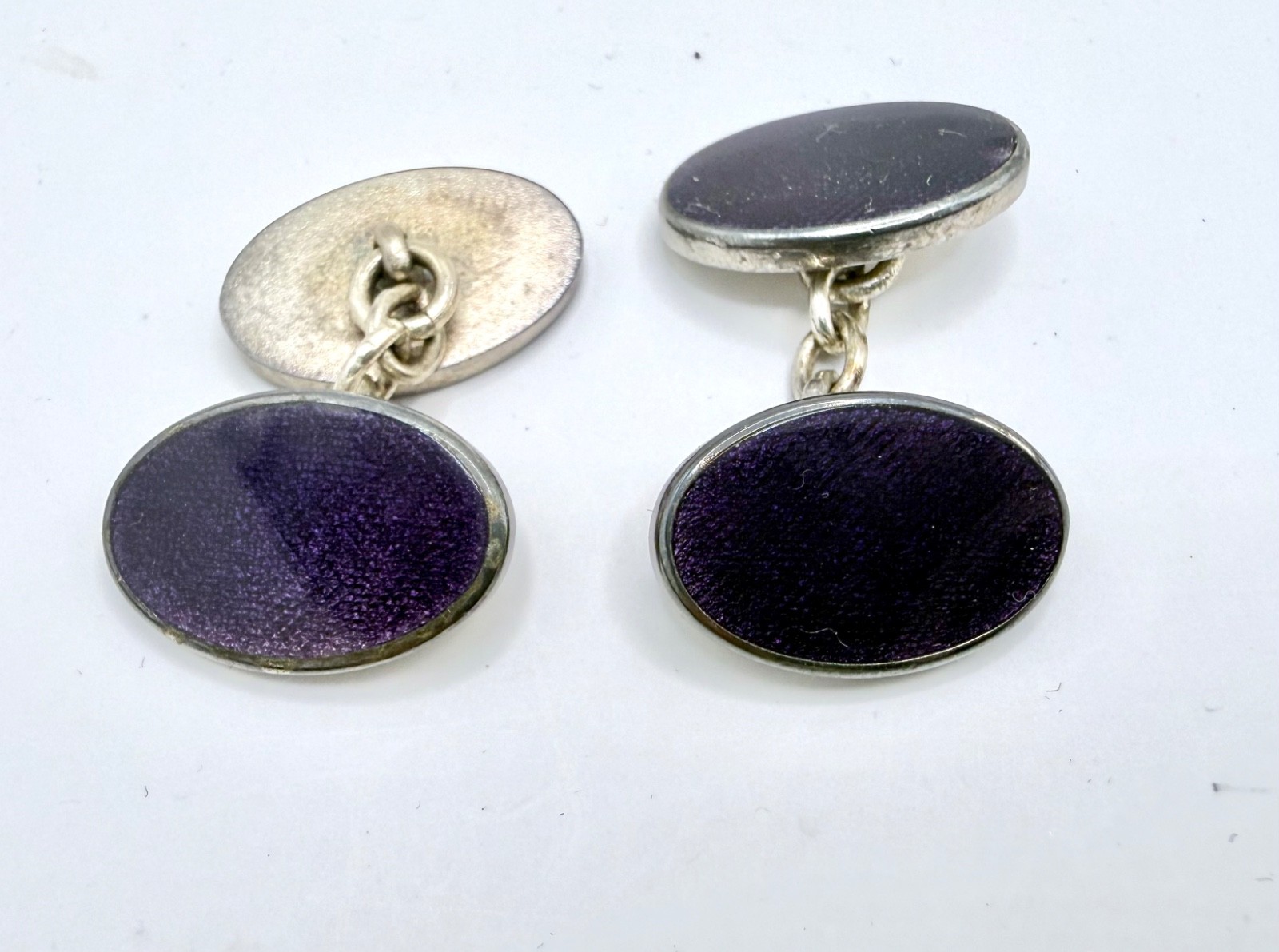 Vintage Deep Blue Enamel Oval Chain Link Cufflinks