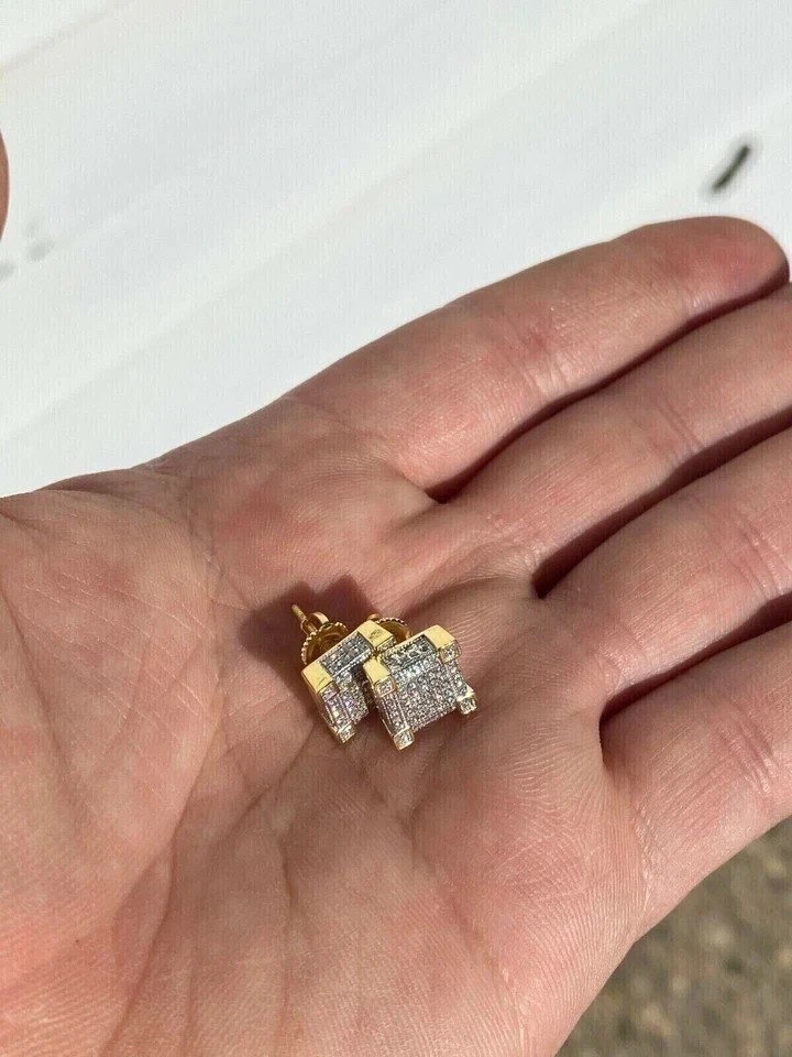 Ice-out Unisex 2Ct Created Diamond Cluster Stud Earrings 14K Yellow Gold Plated
