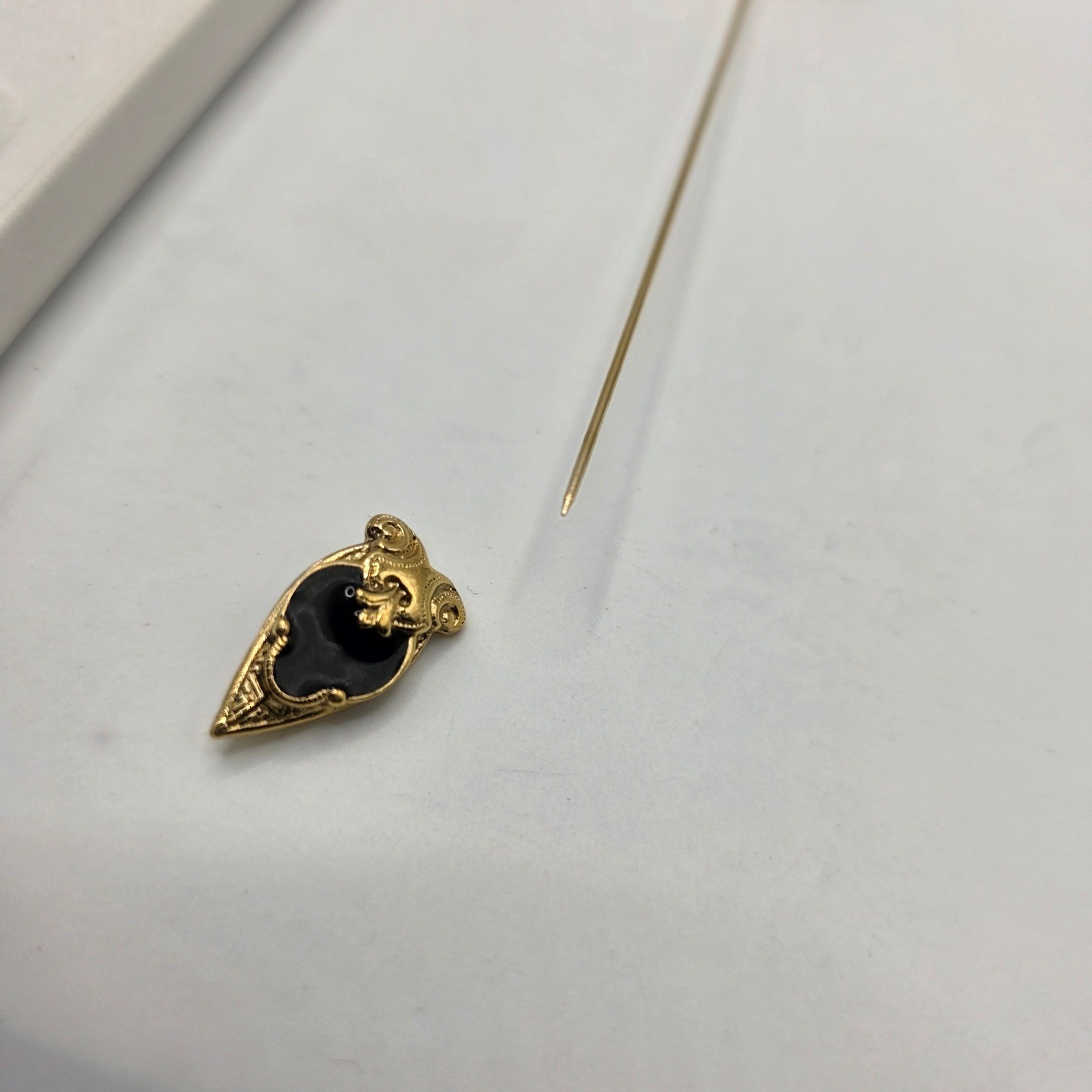 Vintage Gold Tone Black Carved Shell Stick Pin Ornate Filigree Lapel Accessory