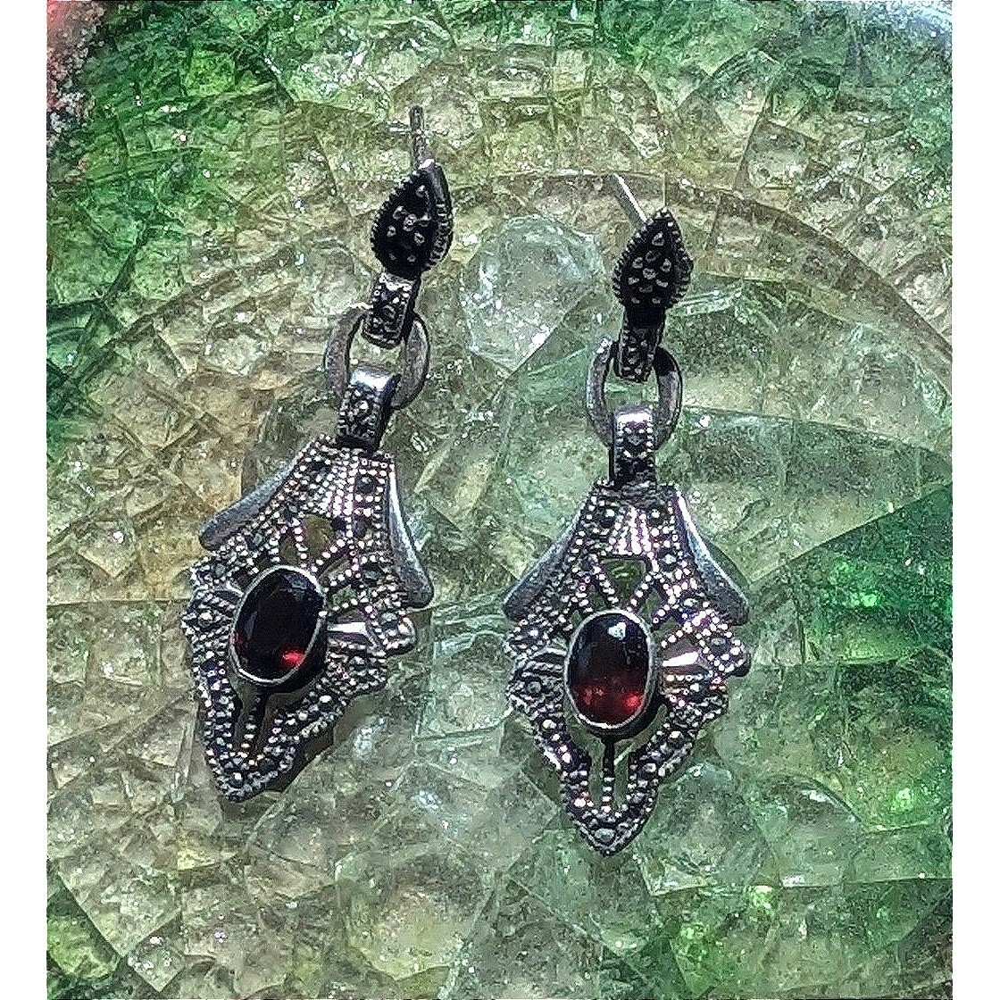 Vintage Sterling Silver 925 Garnet Marcasite Art Deco Drop EarringsArt Nouveau