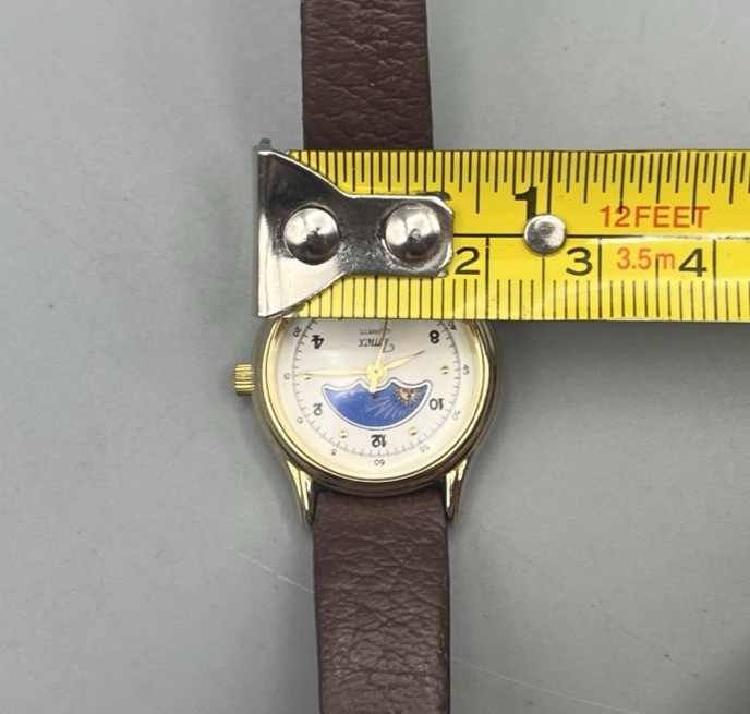 Timex 364 T Cell Moon Phase Quartz Wristwatch Gold Tone Brown Leather Band