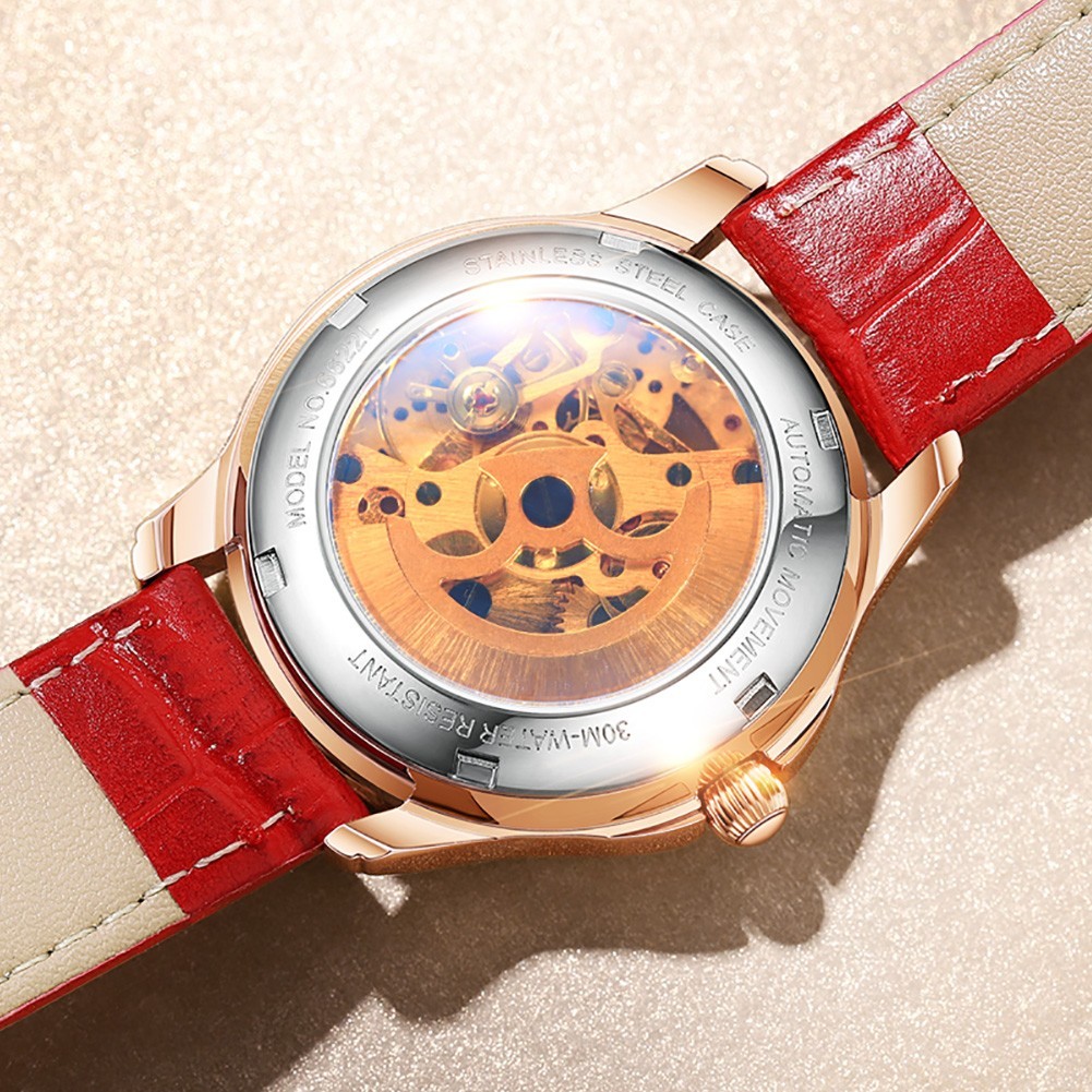 OLEVS 6622 Leather Ceramic Hollow Out Women Dress Mechanical Automatic Watch