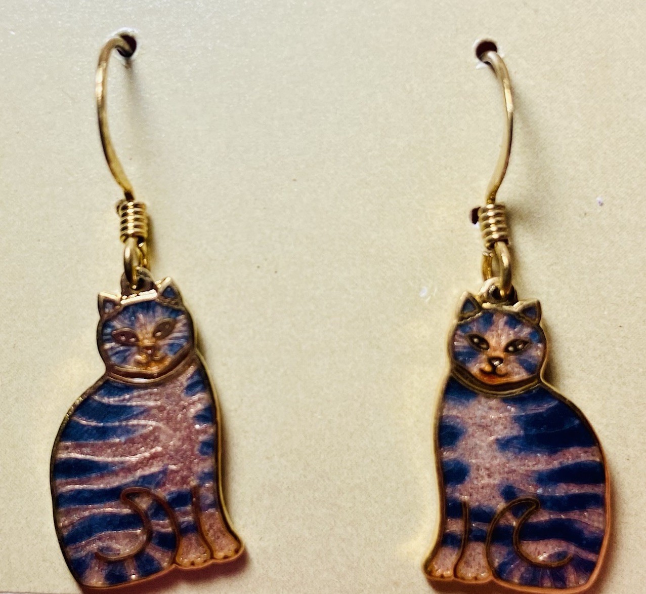 Blue Gold Purple Enamel Tabby Cat Earrings New W Original Box Gold Tone Dangle