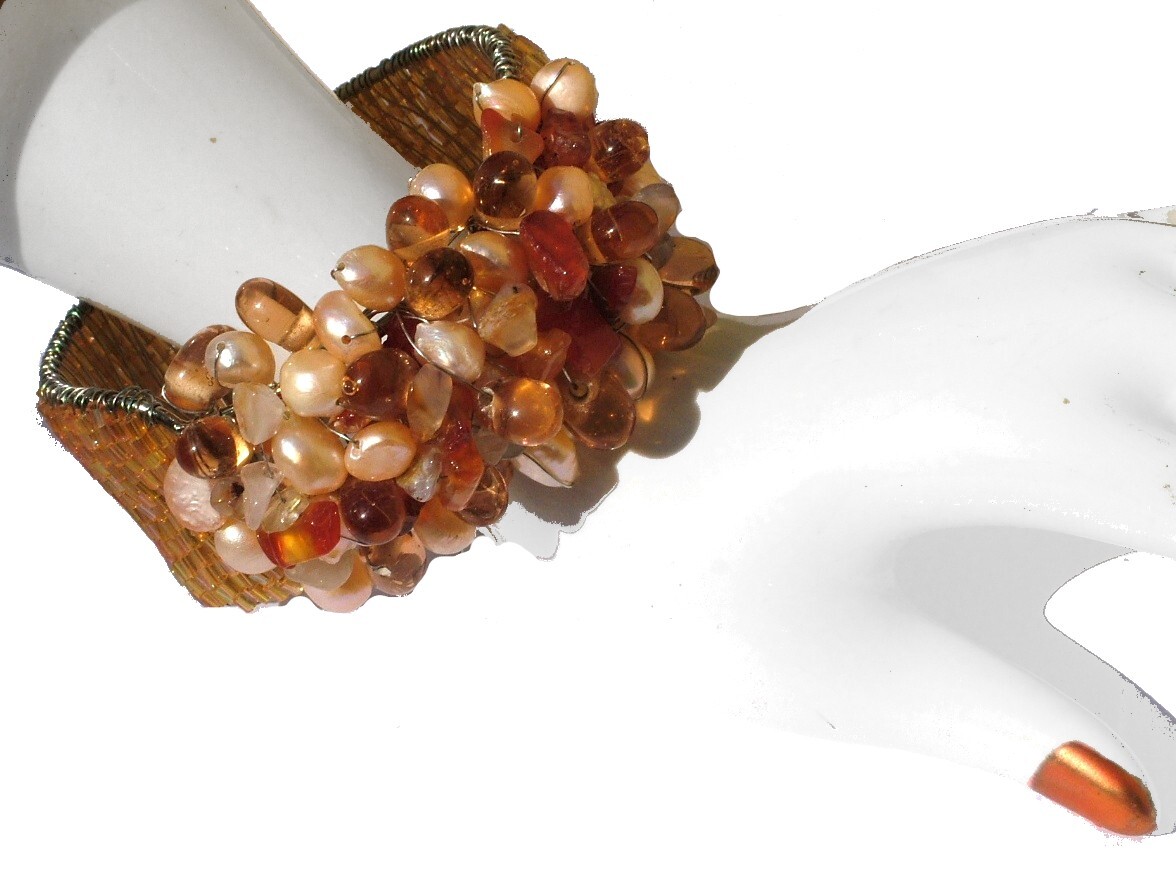 Bangle 30x Orange Carnelian 20x Apricot Beads on Silver Wide Adjustable