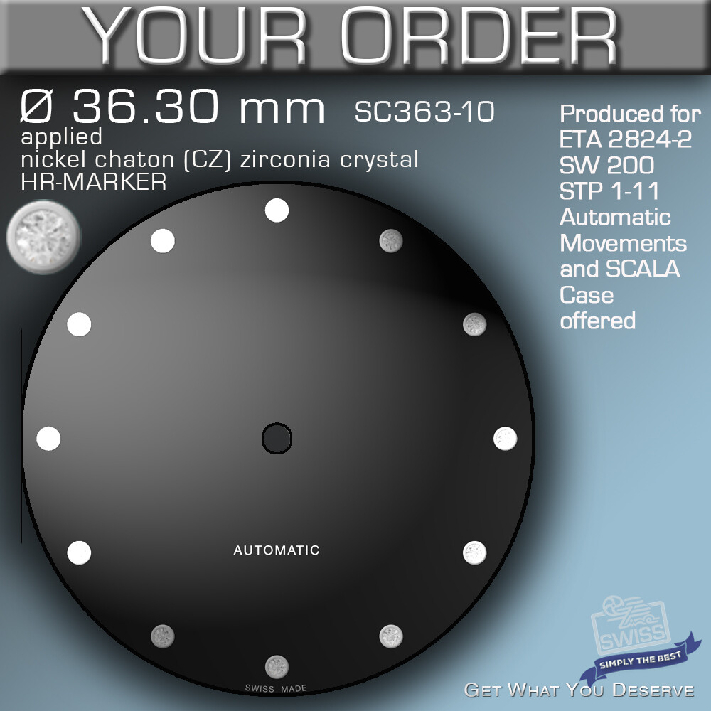 DIAL, ETA 2824-2 + SW 200, STP 1-11, Ø 36.3 MM, BLACK, ZIRCONIA APPLIED HRS