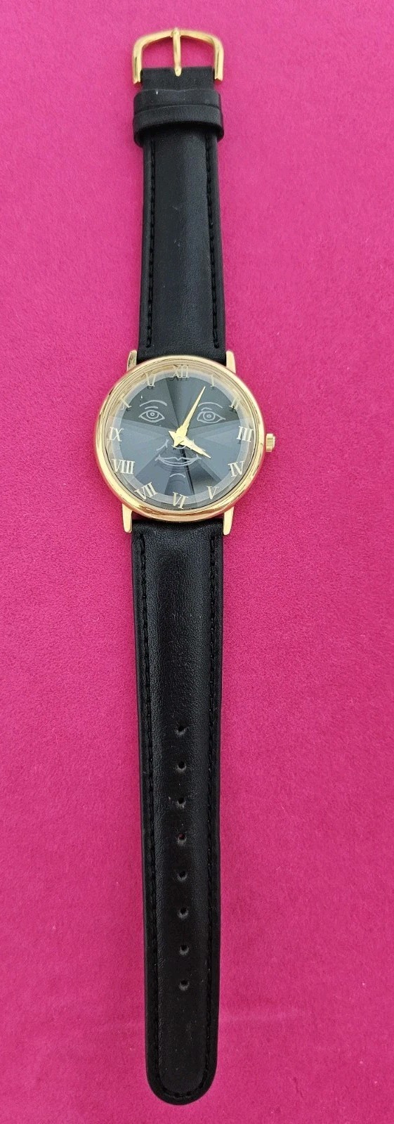 FAO Schwarz Fossil Watch Unixex Gold Black Leather Quartz 1003 Prism Face