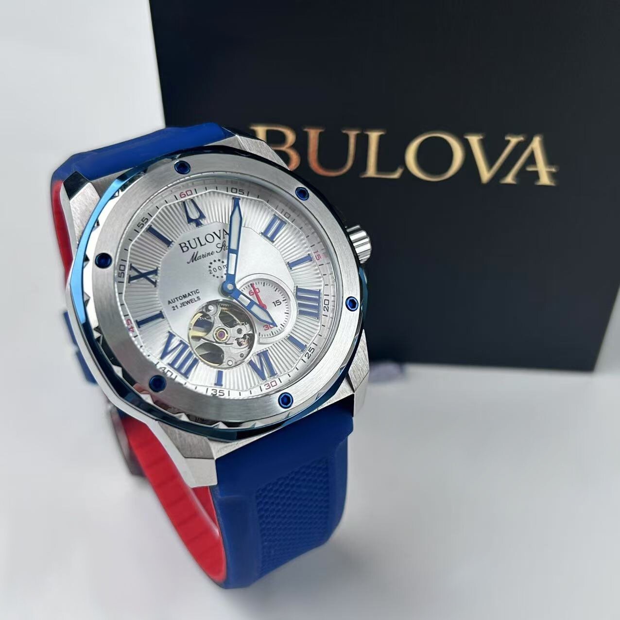 Bulova Marine Star 98A225 White Dial Red/Blue Rubber Strap Men’s Automatic Watch