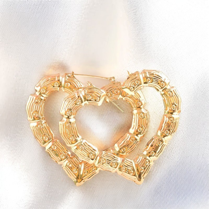 Large Heart Bamboo Hoop Earrings 2Pcs Silver Punk Hip Hop Statement Earrings