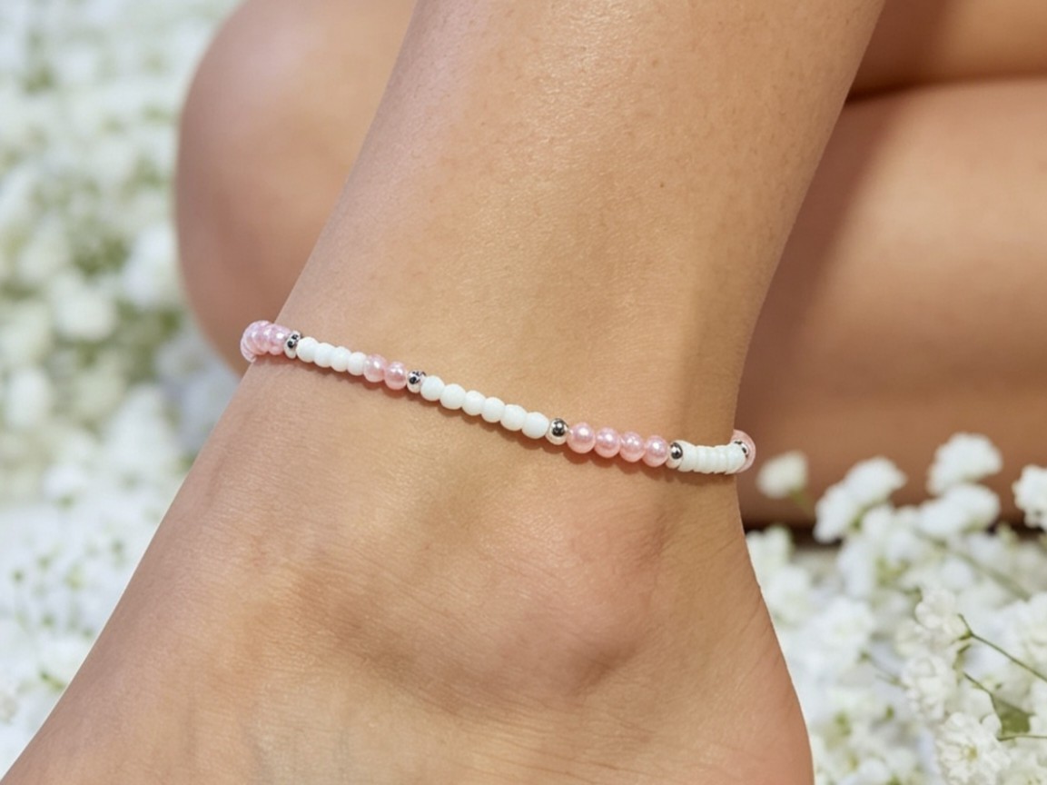 Gorgeous White And Pink Stretch Beaded Anklet