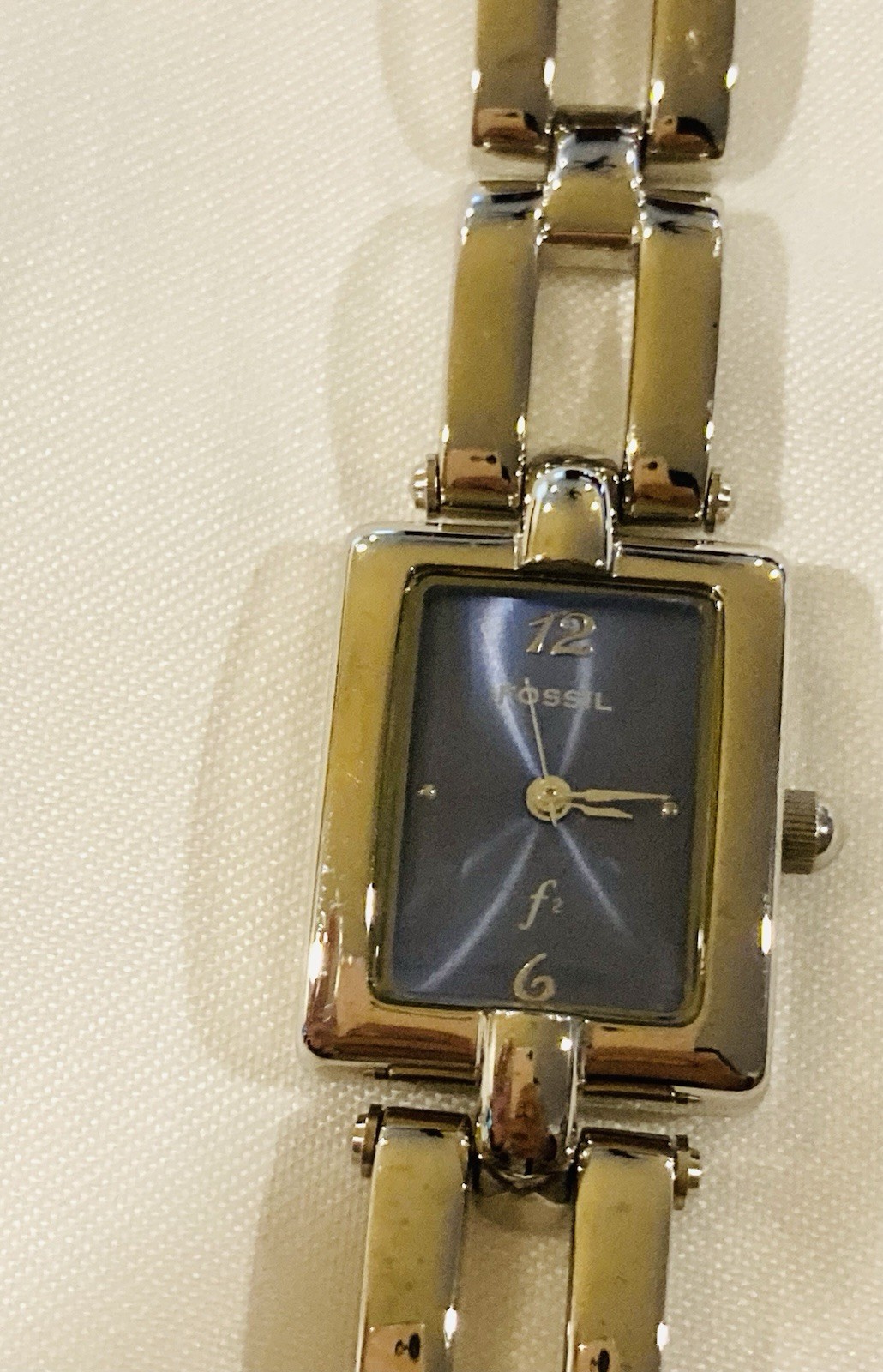 Fossil F2 Watch Women 19mm Silver Tone Rectangle Blue Dial Original Box