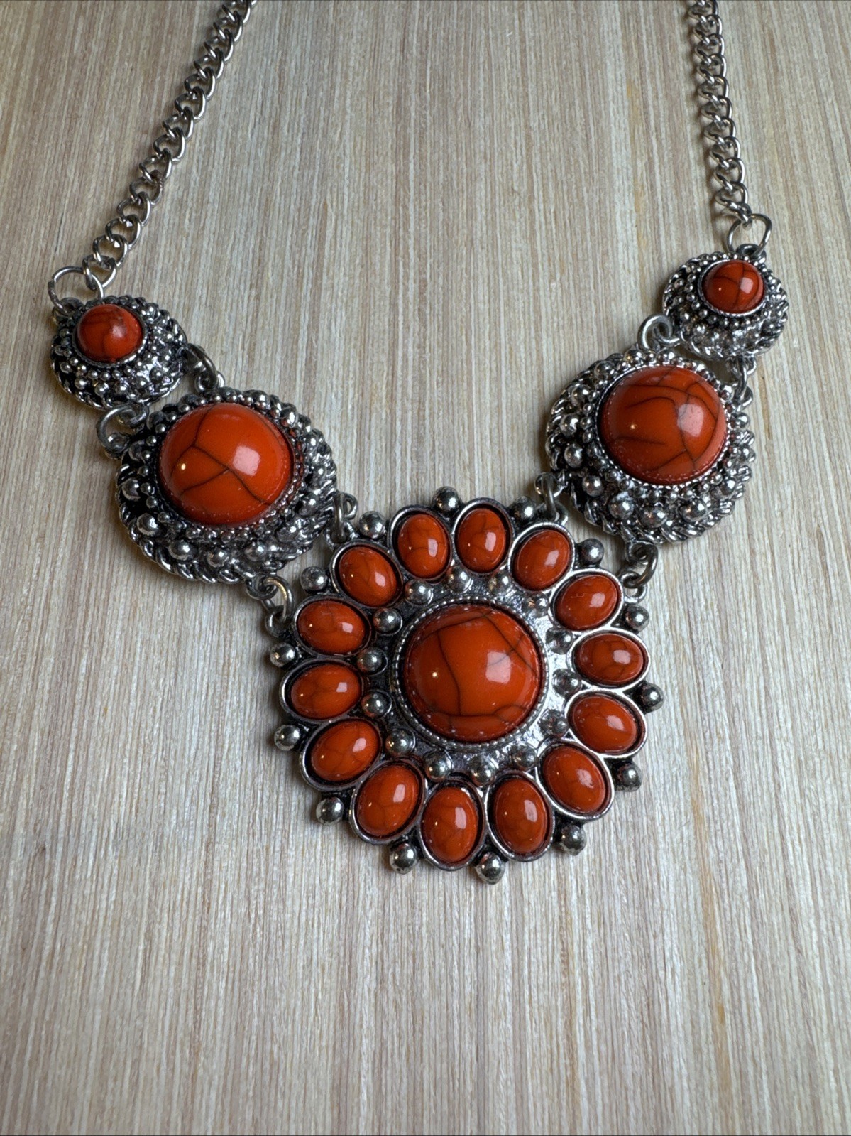 J CREW Crackle Burnt Orange Blood Stone Silver Statement Necklace ❤️