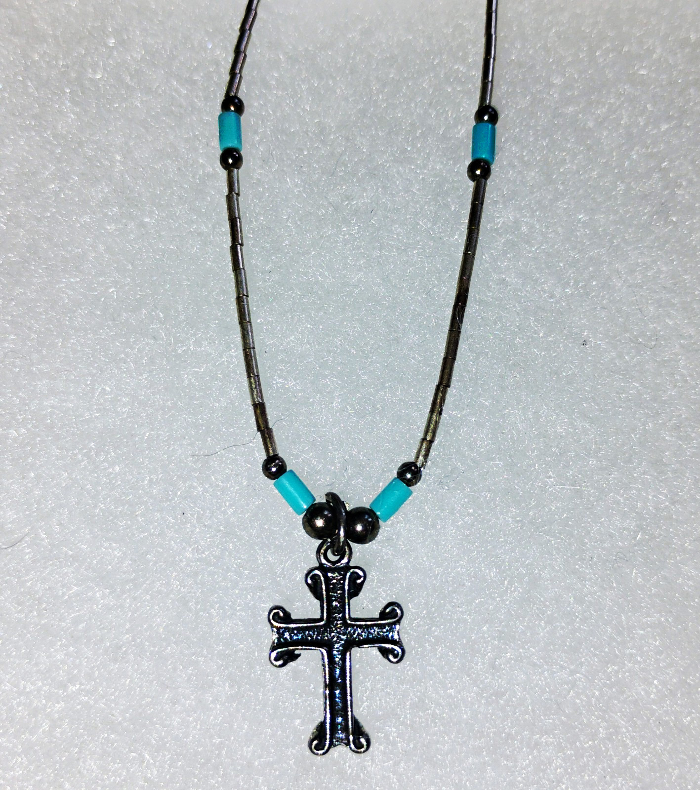 Southern Style Sterling Silver Cross Turquoise Heishi Beads Liquid Silver Tubes