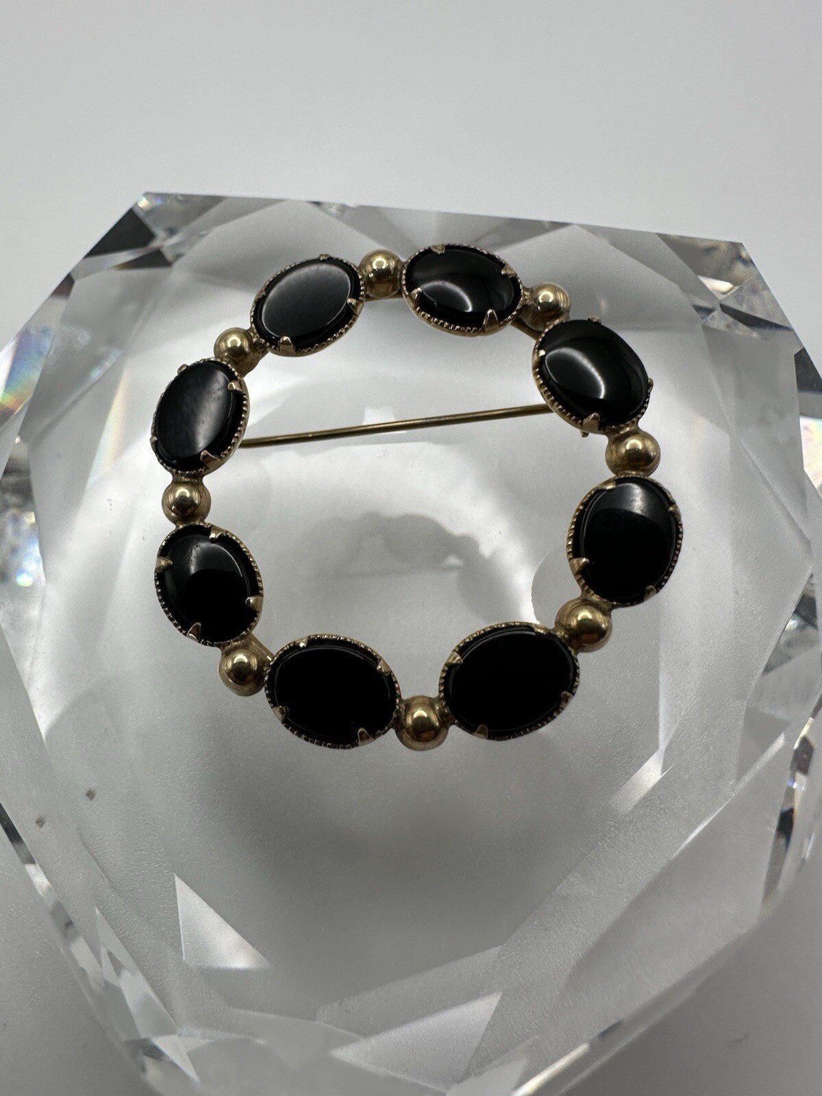 Vintage Bal Ron 12k GG Circle Onyx Brooch 3.6cm JB10