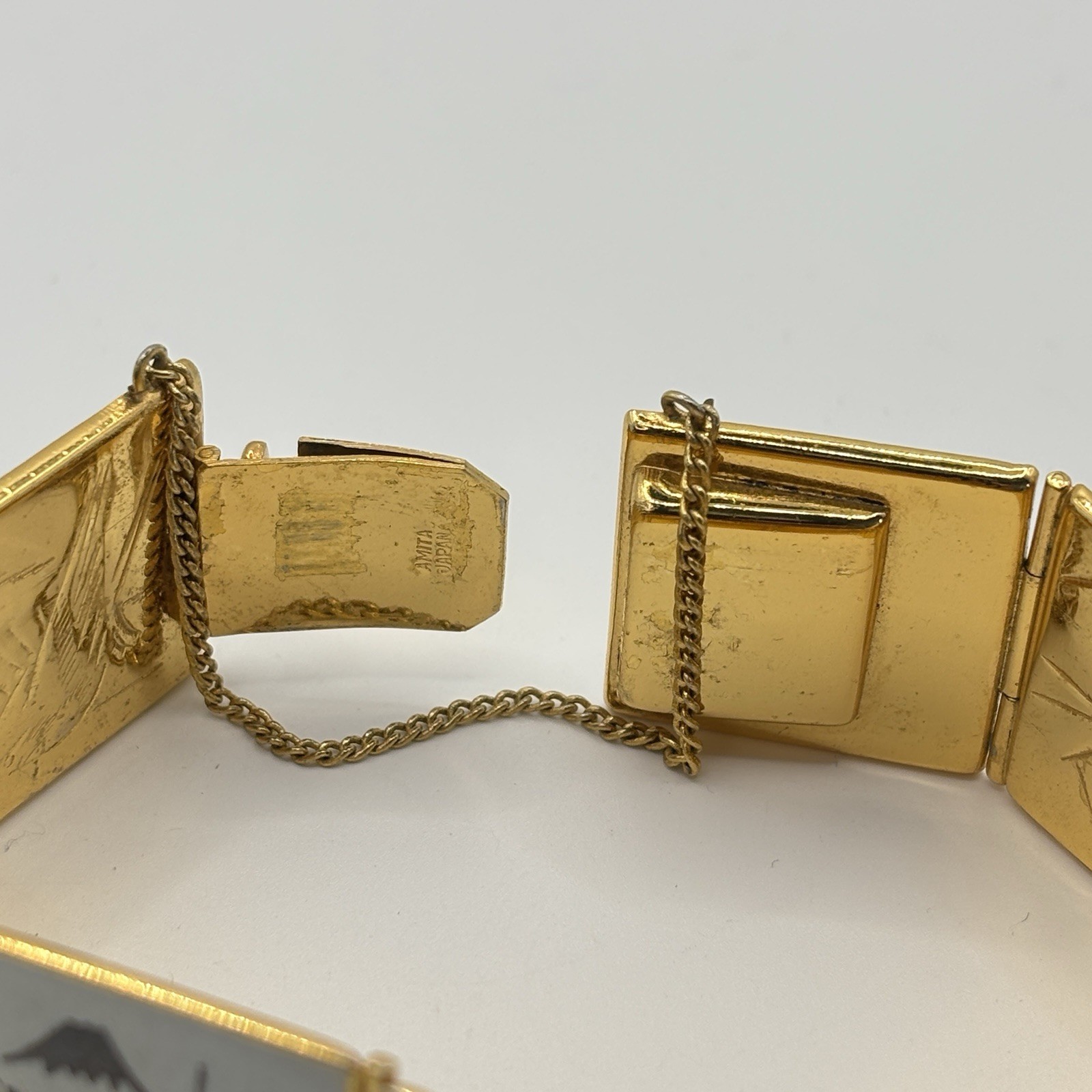 Vintage Amita Japan Damascene Panel Bracelet Gold Tone Scenic Floral Bird Motif