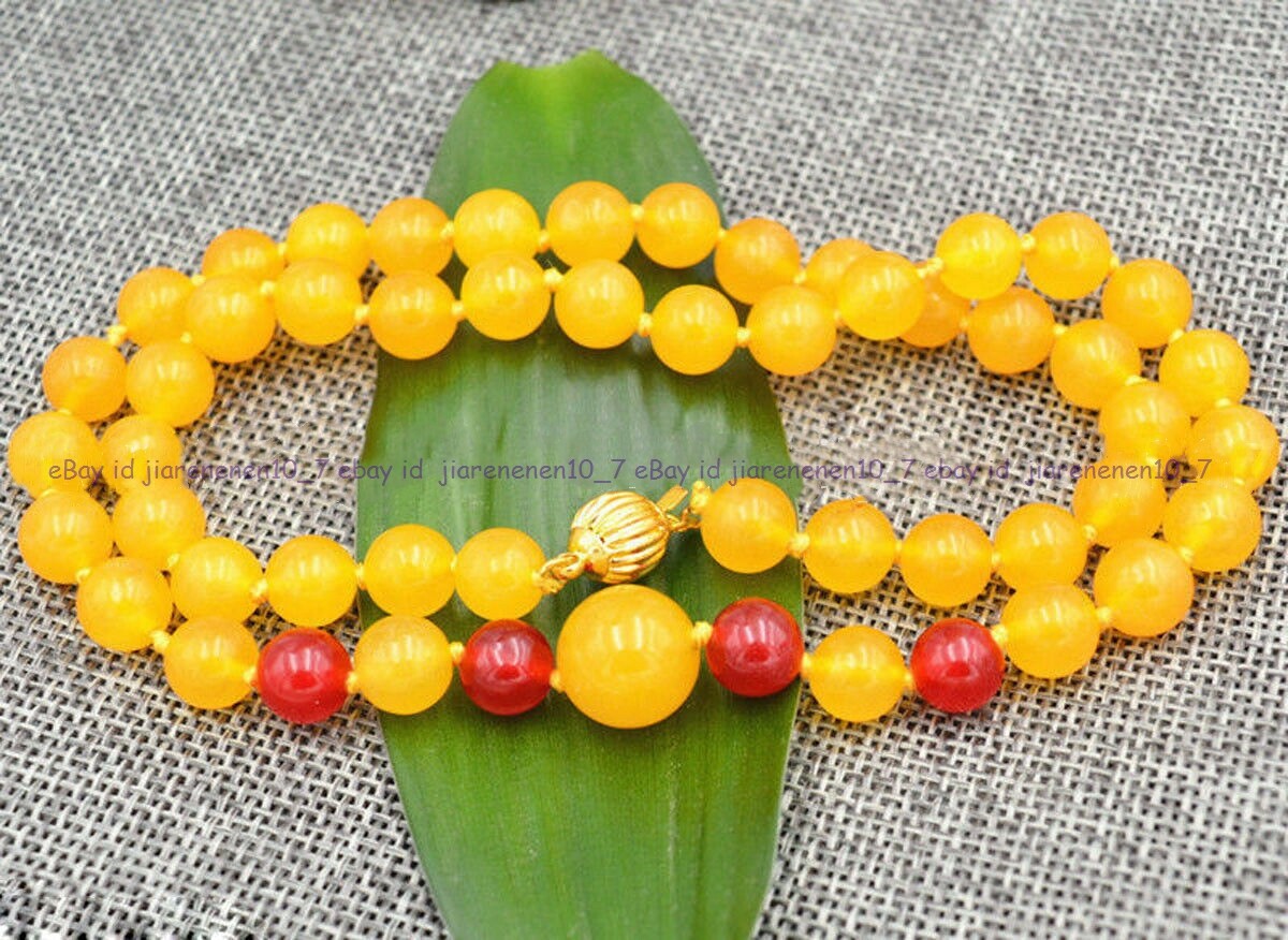 Natural 8/10mm Yellow Topaz Red Jade Round Beads Gems Necklace 18/20/22/24/28”