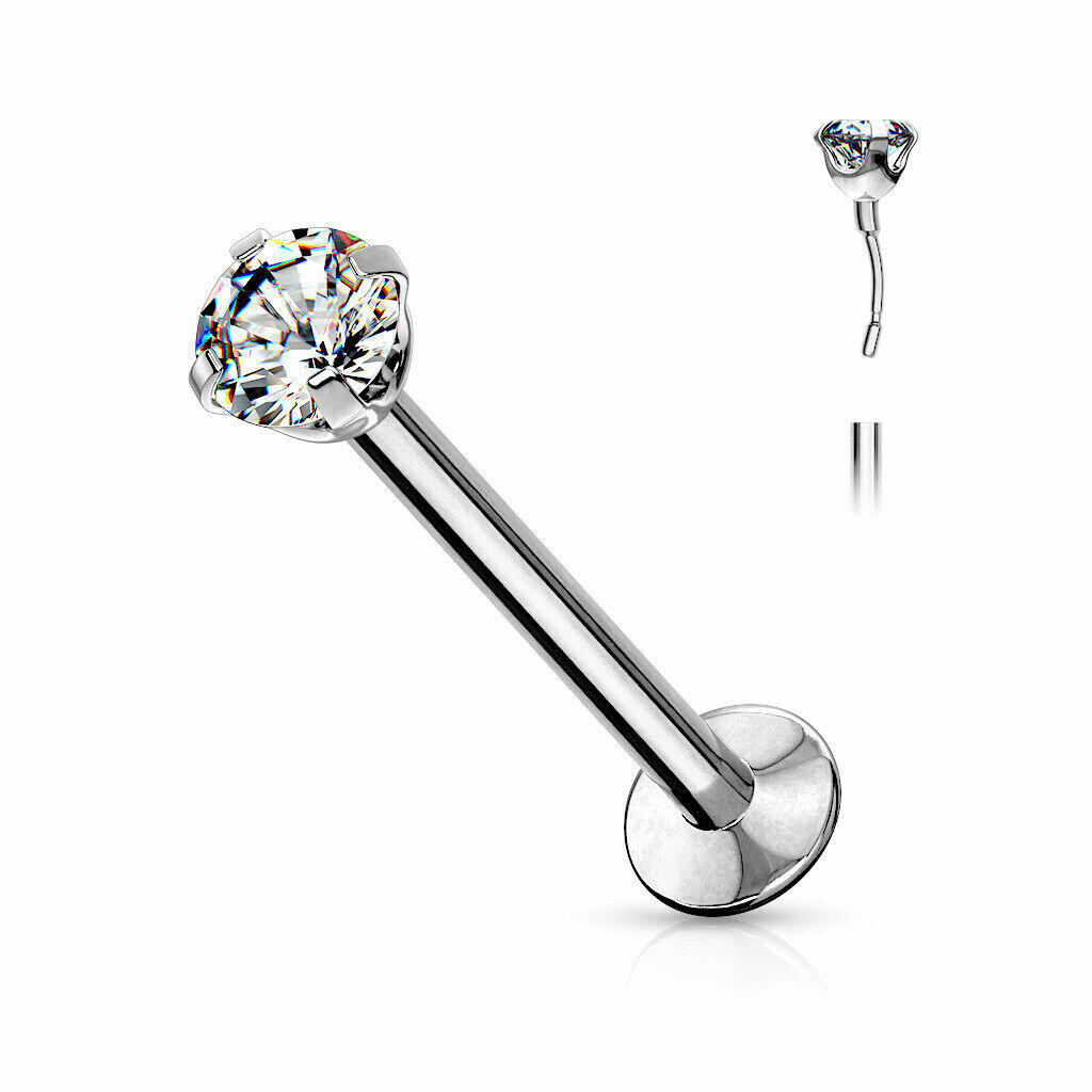 PAIR 18G PRONG SET CZ THREADLESS PUSH IN STEEL LIP LABRET EAR HELIX RING STUD