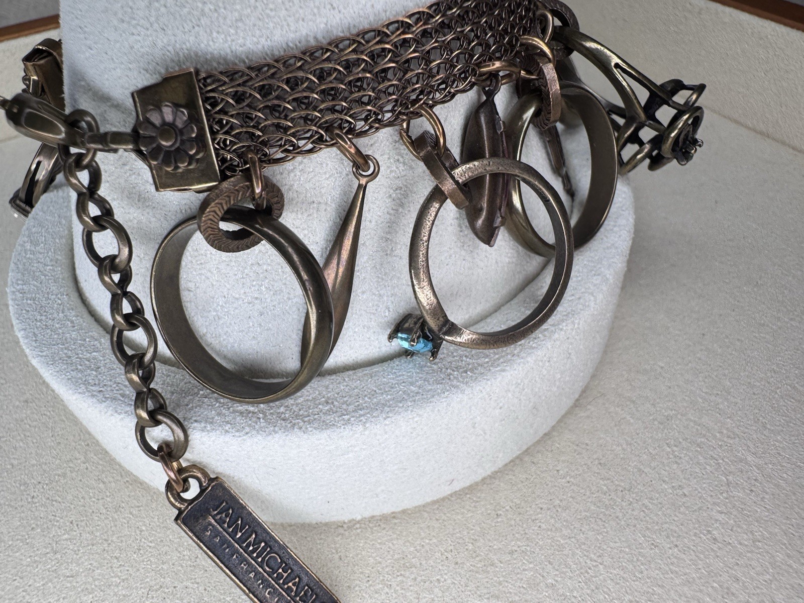 Vintage Ann Michaels Bronze Tone Charm Bracelet Multicolor Crystal Adjustable