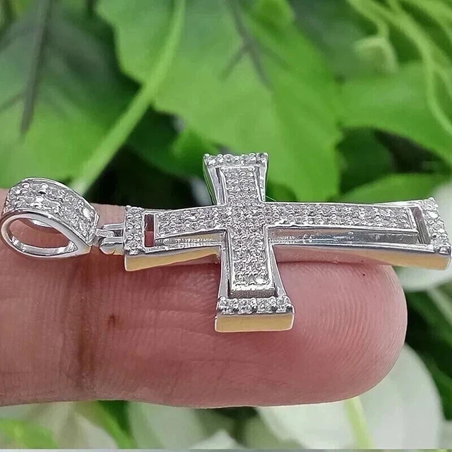 2.20 CTW Round Cut Real Moissanite Cross Pendant No/Chain 14K White Gold Plated
