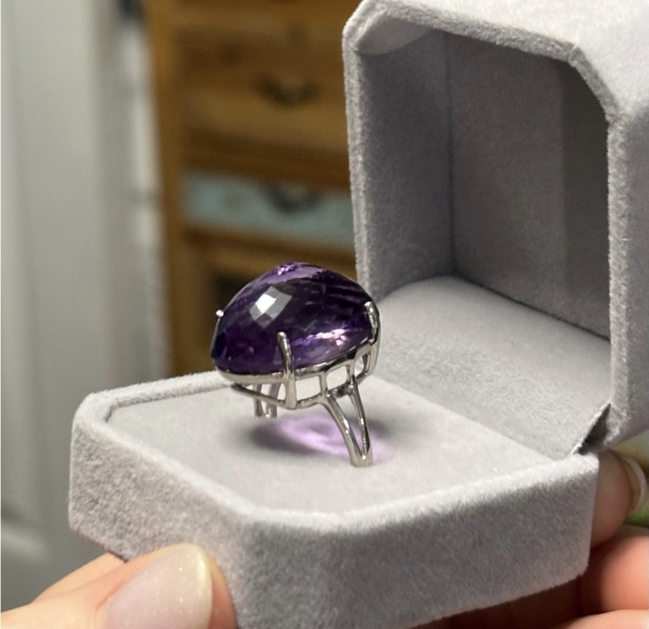 RARE! 30CT Natural Amethyst Reverse setting 925 Sterling Silver Ring Size 9