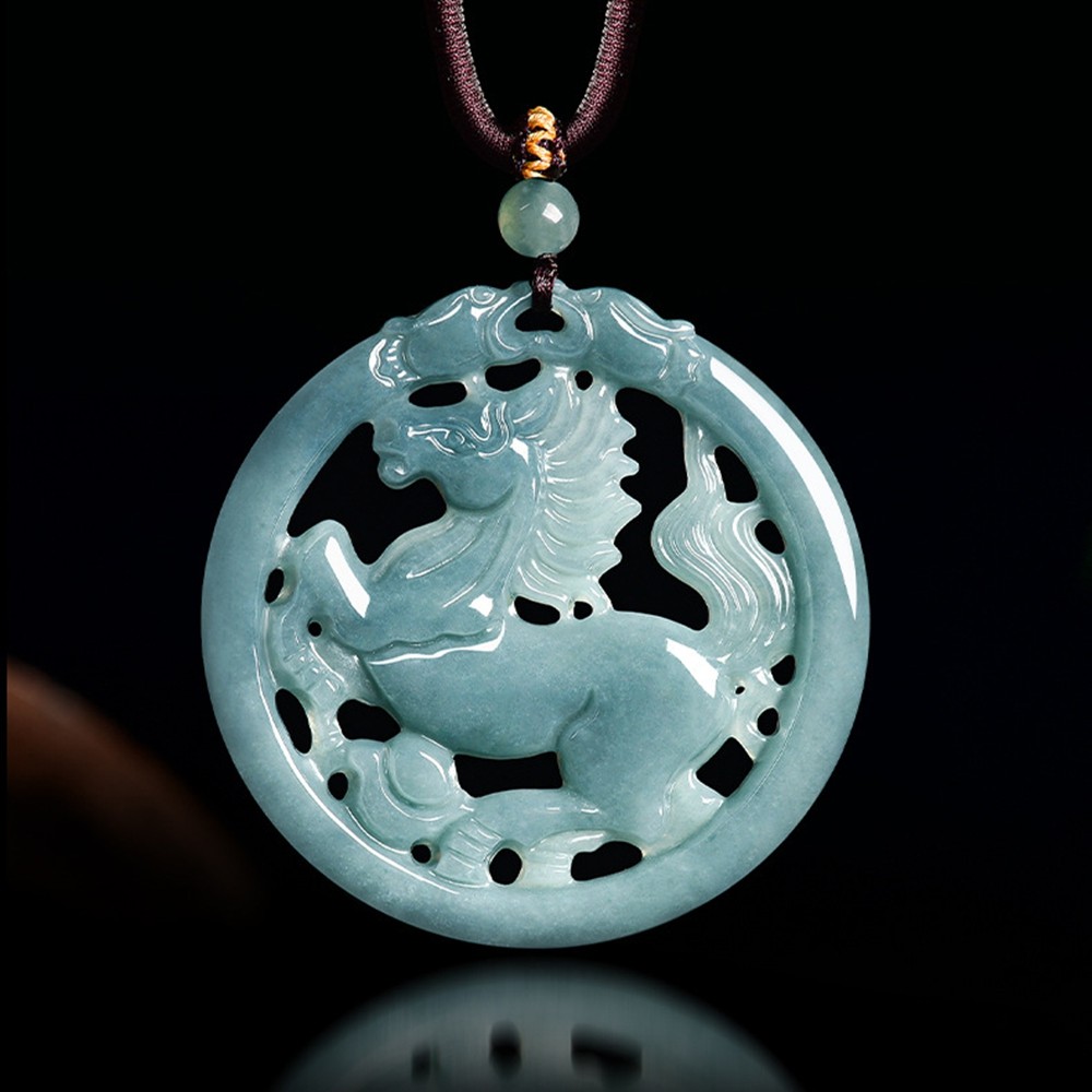 Certified Grade A Blue Water Burma Jade jadeite Zodiac Horse Pendant Necklace