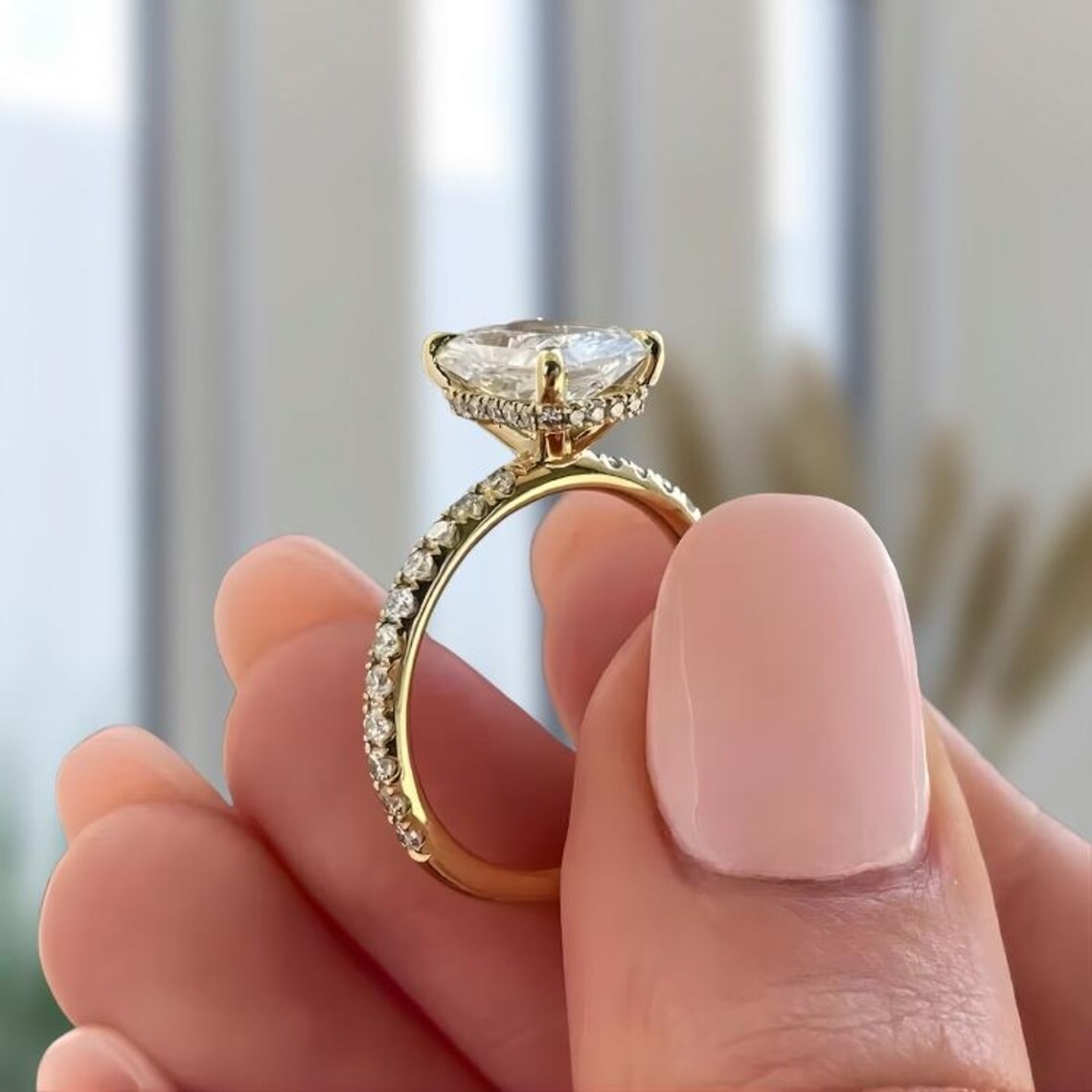 Emerald Cut Solitaire Moissanite Hidden Halo Engagement Ring For Women In 14Kt