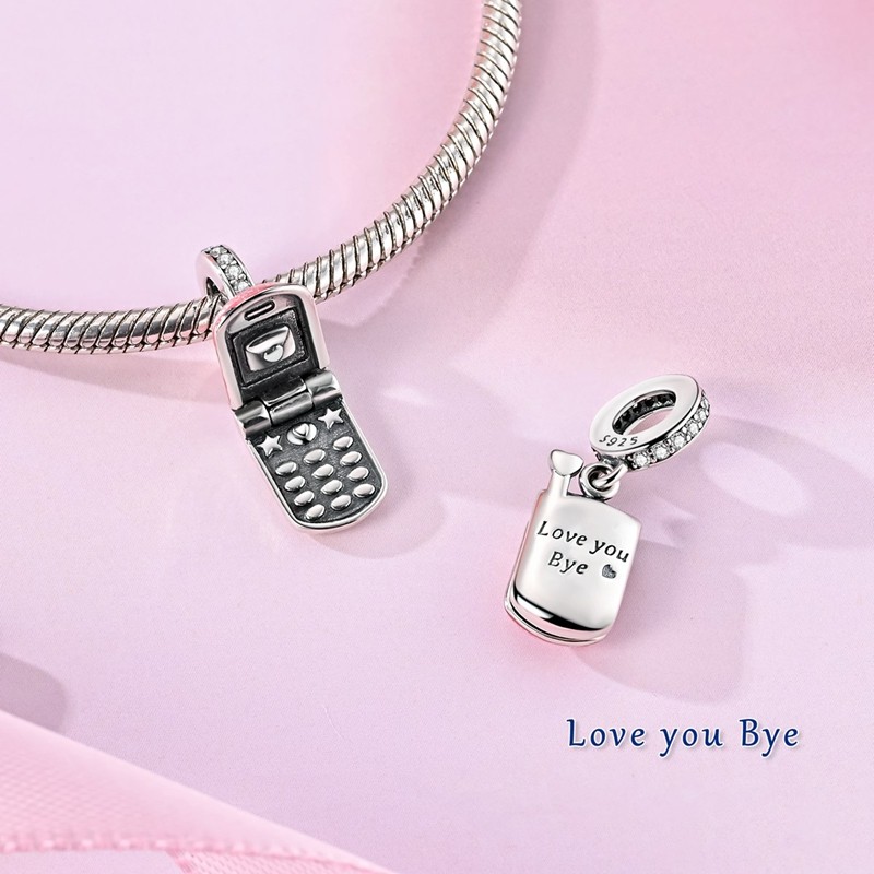 MULA 925 Sterling Silver DIY Charm CZ Flip Pink Phone Pendant for Women Bracelet