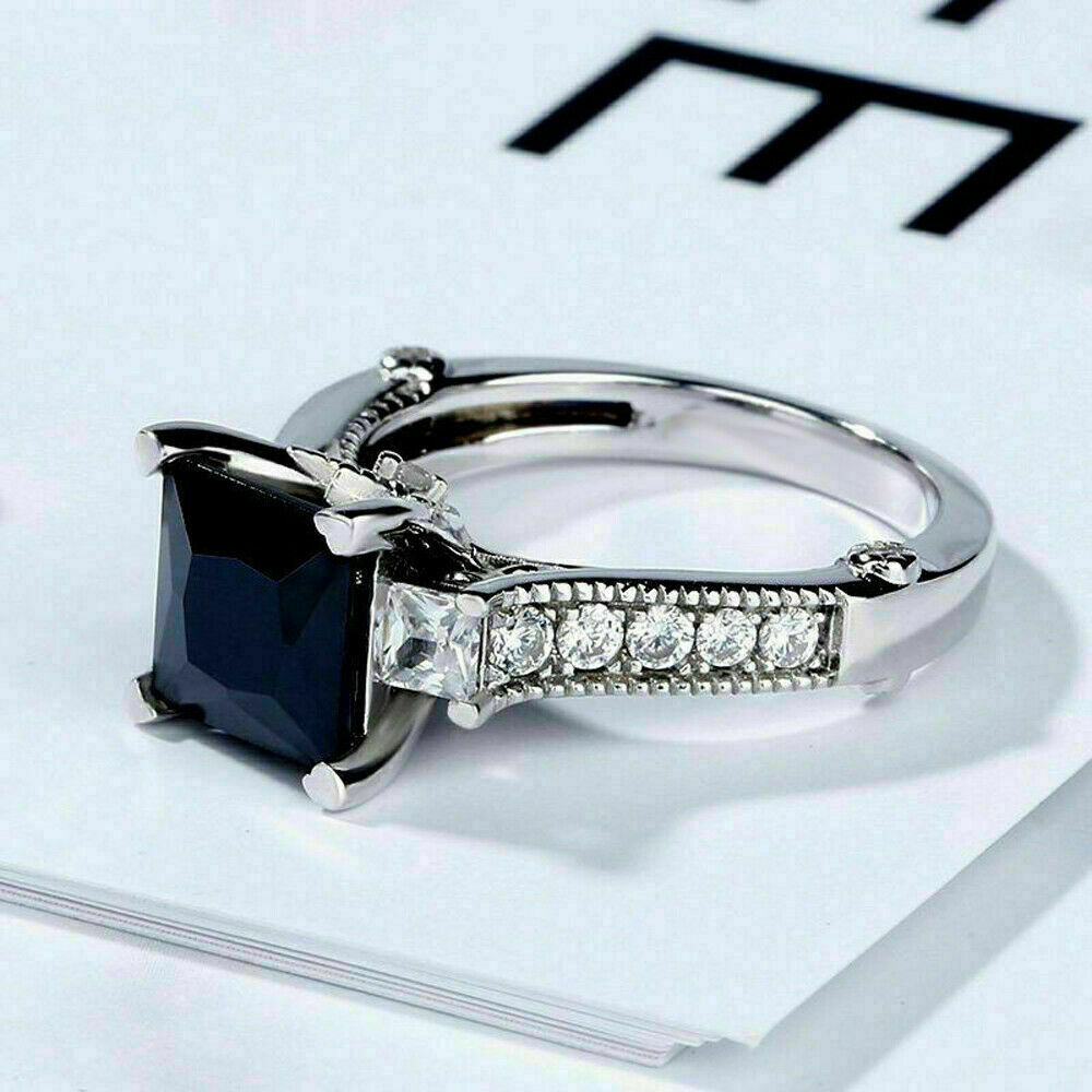 2.76Ct Princess Cut Black Diamond Simulated Engagement Ring in 14K White Gold