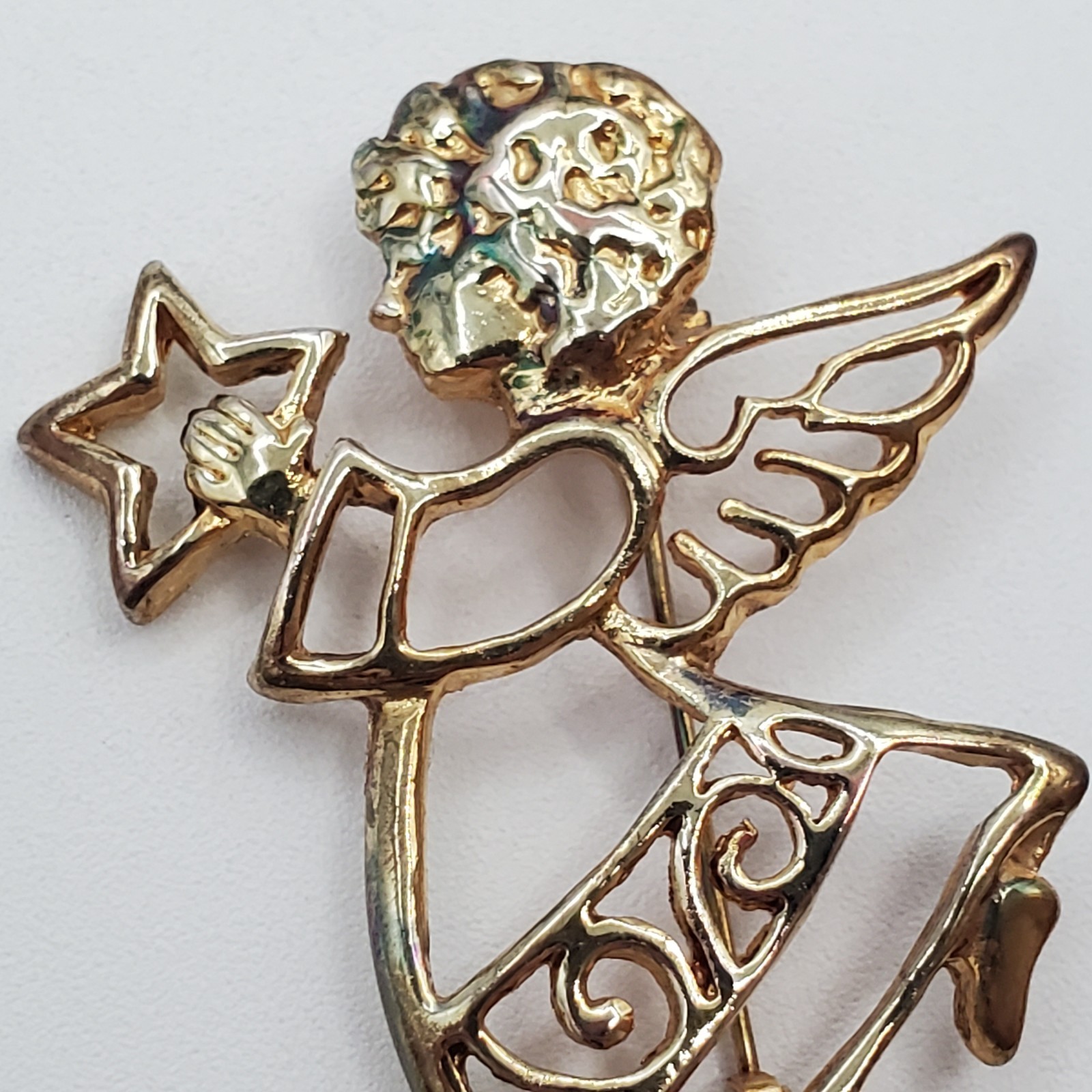 VTG Angel Brooch 2in Gold Tone Angel Star Celestial Open Work Cutout Estate Pin