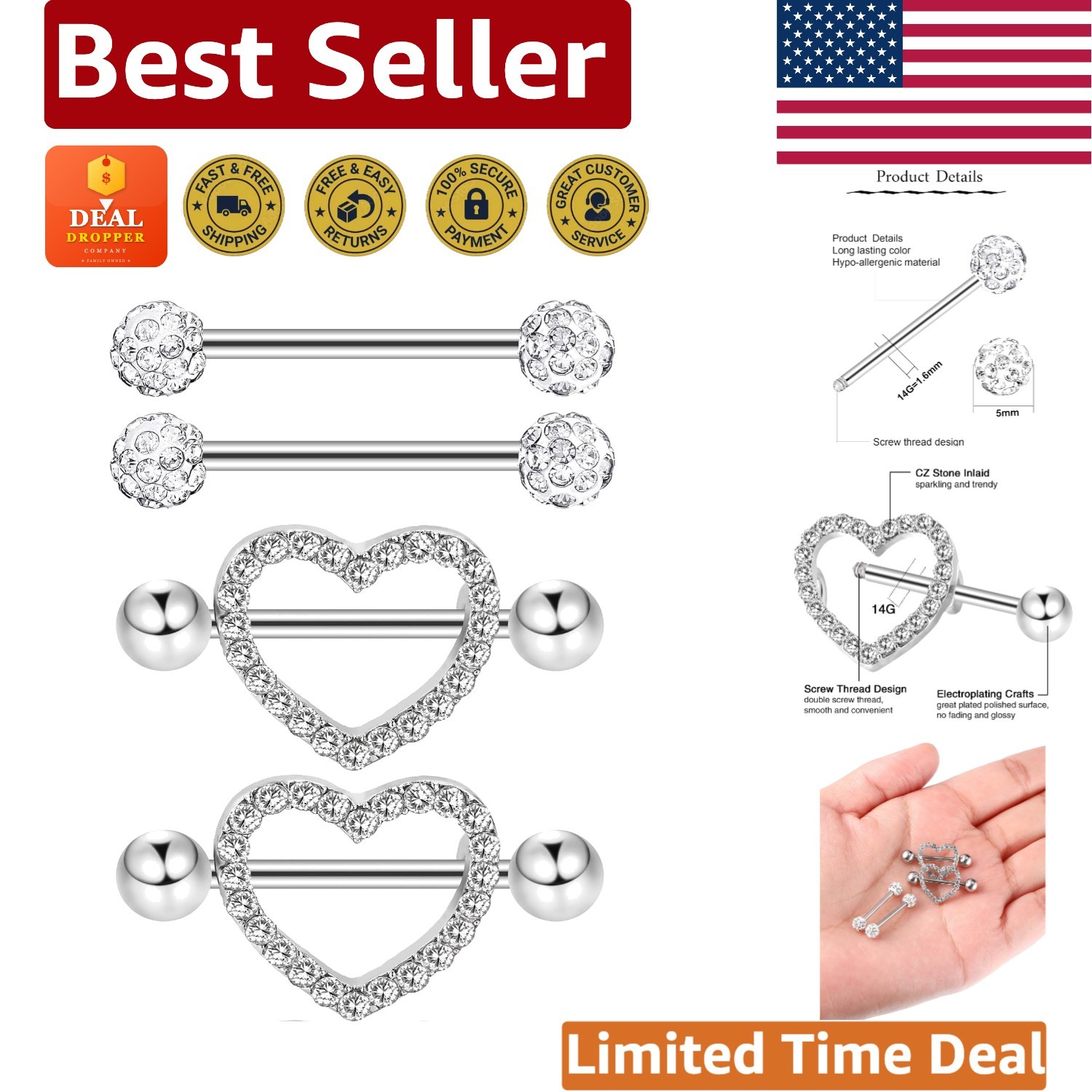 Fashion-Forward Stainless Steel Tongue Rings with Dazzling Rhinestones – 2 Pairs