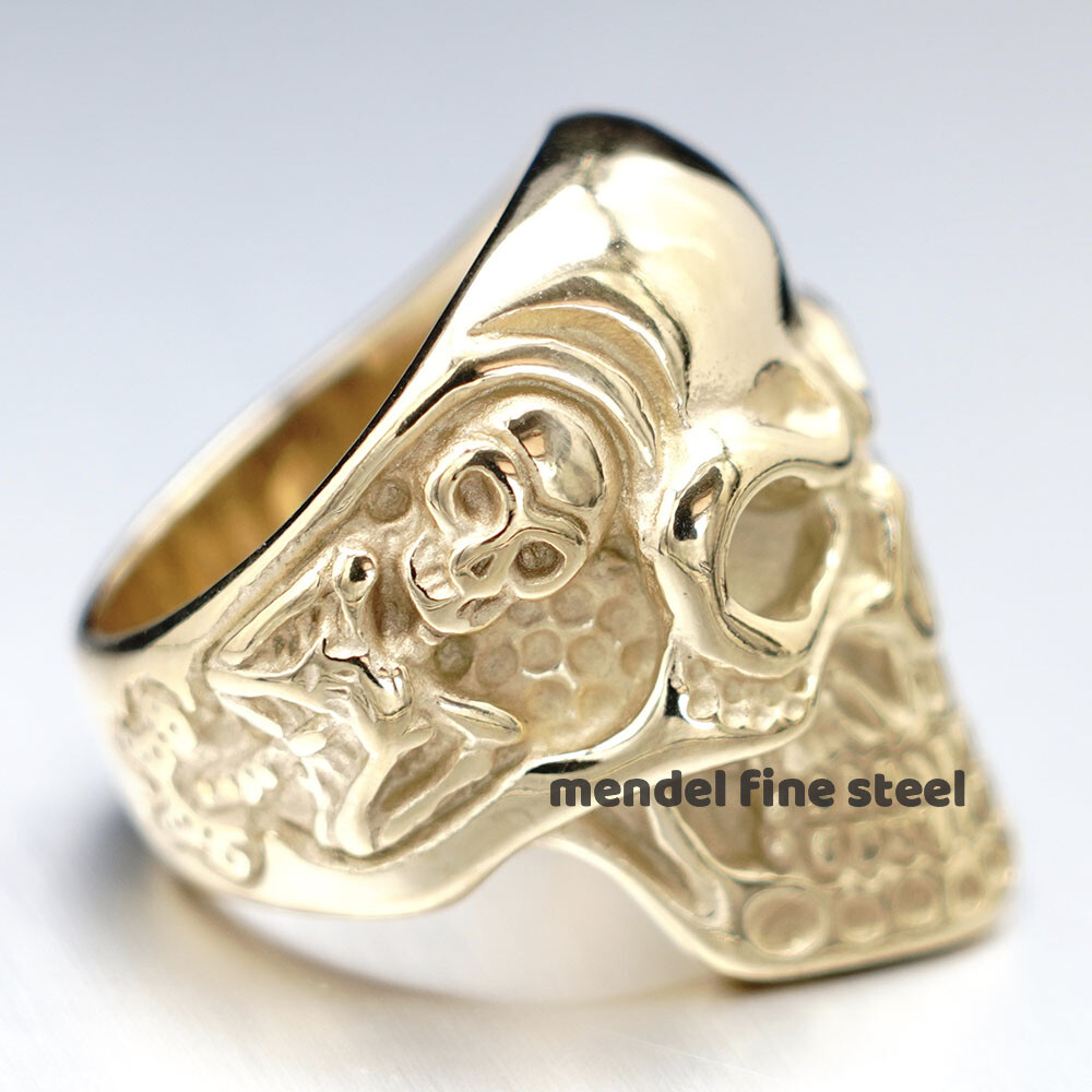 MENDEL Gold Plated Black Stainless Steel Mens Gothic Biker Skull Ring Size 7-15
