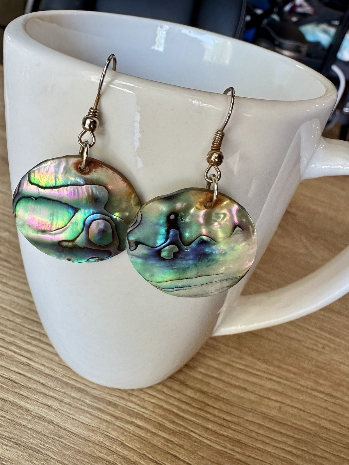 Vintage 90s Iridescent Natural Paua Abalone Shell Disc Drop Earrings Boho