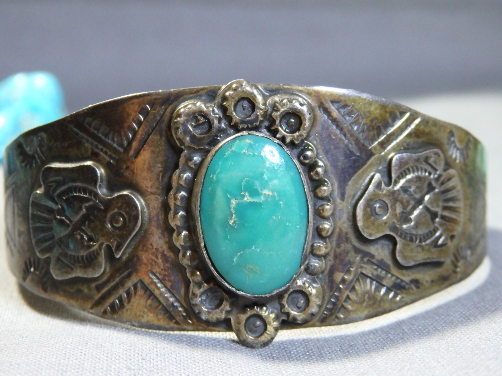 Fred Harvey Era NAVAJO Blue Gem TURQUOISE Sterling Silver THUNDERBIRD Bracelet