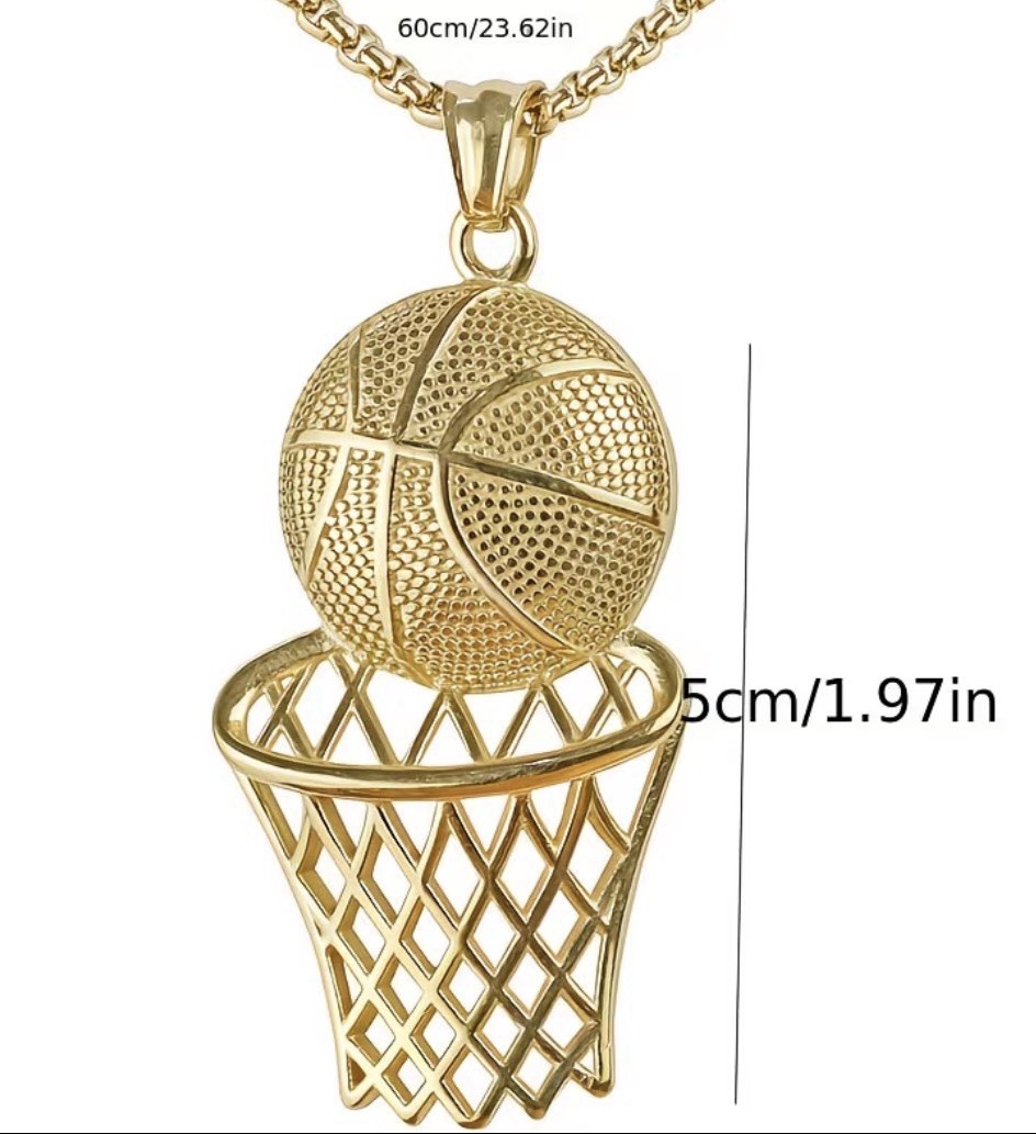 Golden Basketball Hoop Charm Pendant Necklace Rope Chain 23.62in Sports