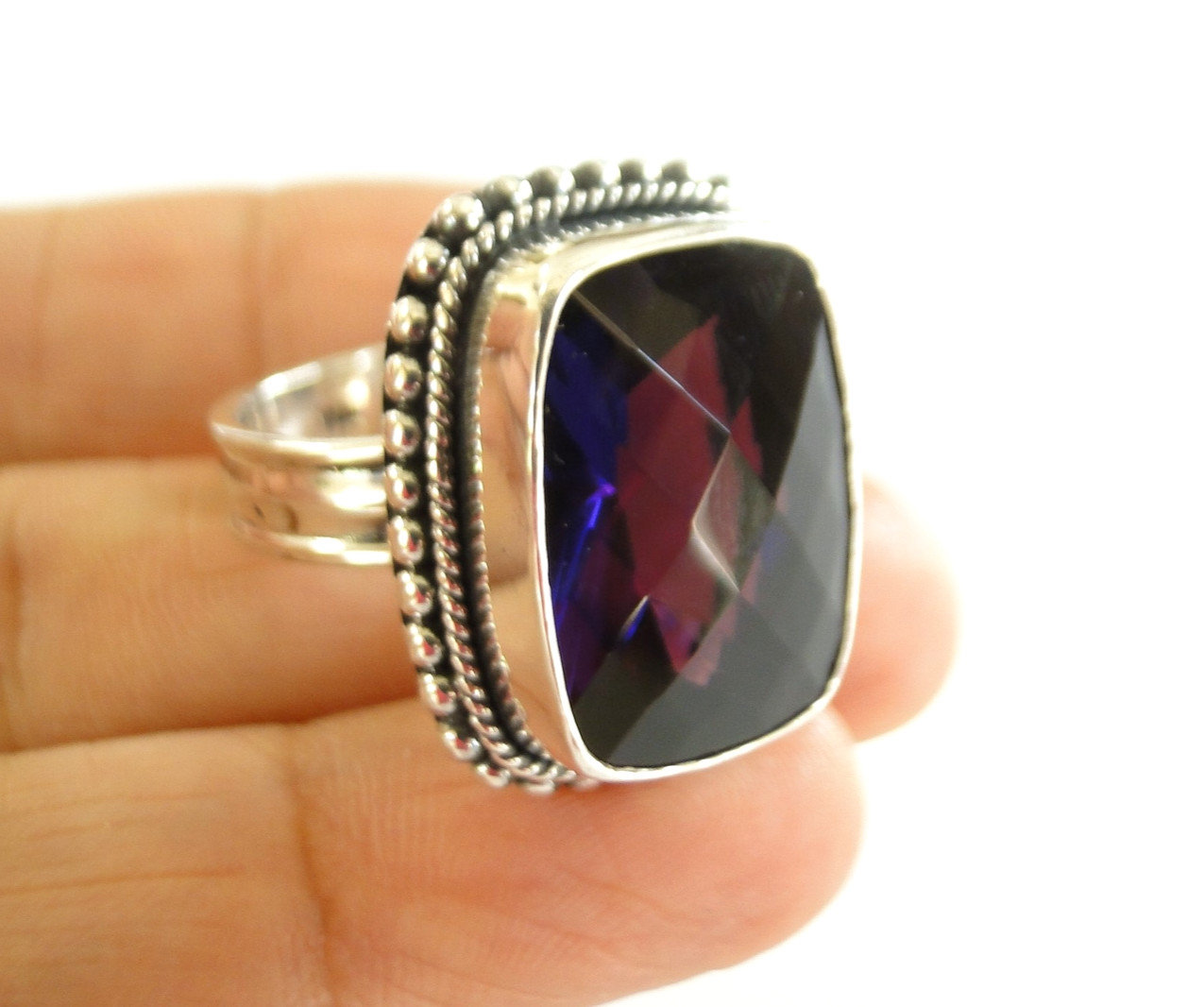 Amethyst 925 Sterling Silver Cushion Statement Ring Boho