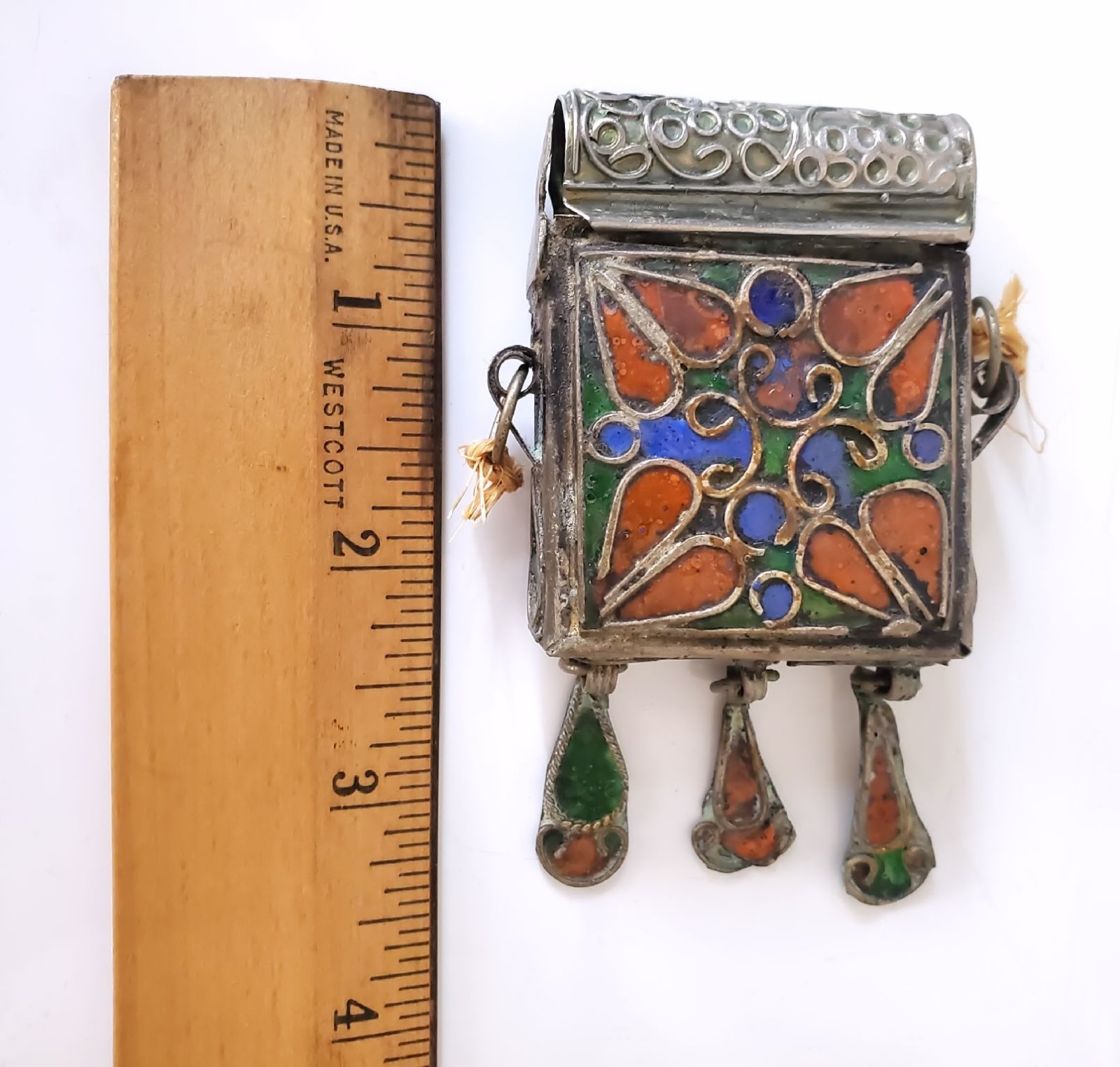 Vintage 1970s Moroccan Berber Hirz Prayer Box Pendant Cloisonne Enamel Locket