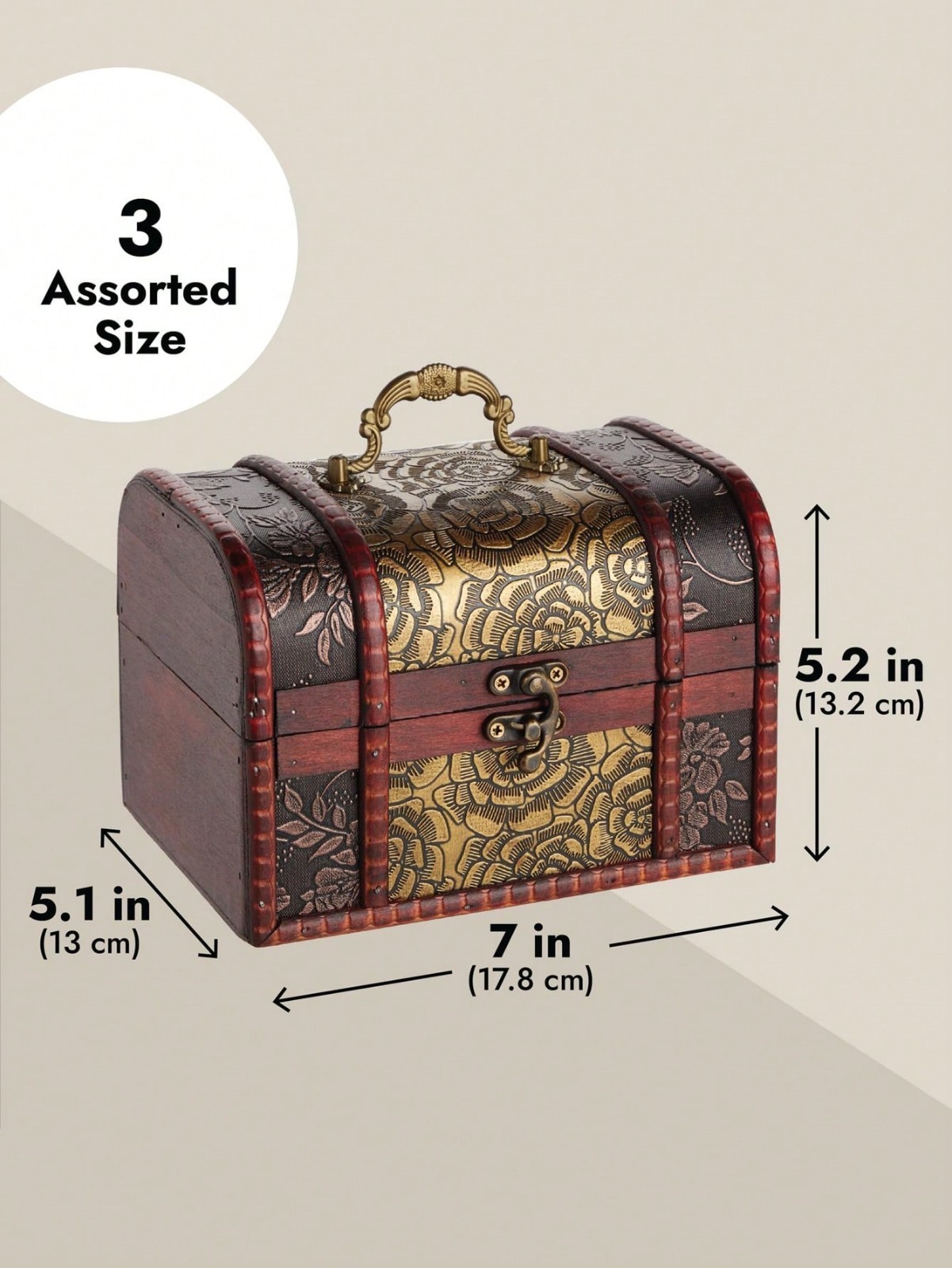 New 3Pc Vintage Wooden Treasure Chest Box Jewelry Storage Retro Antique Charming