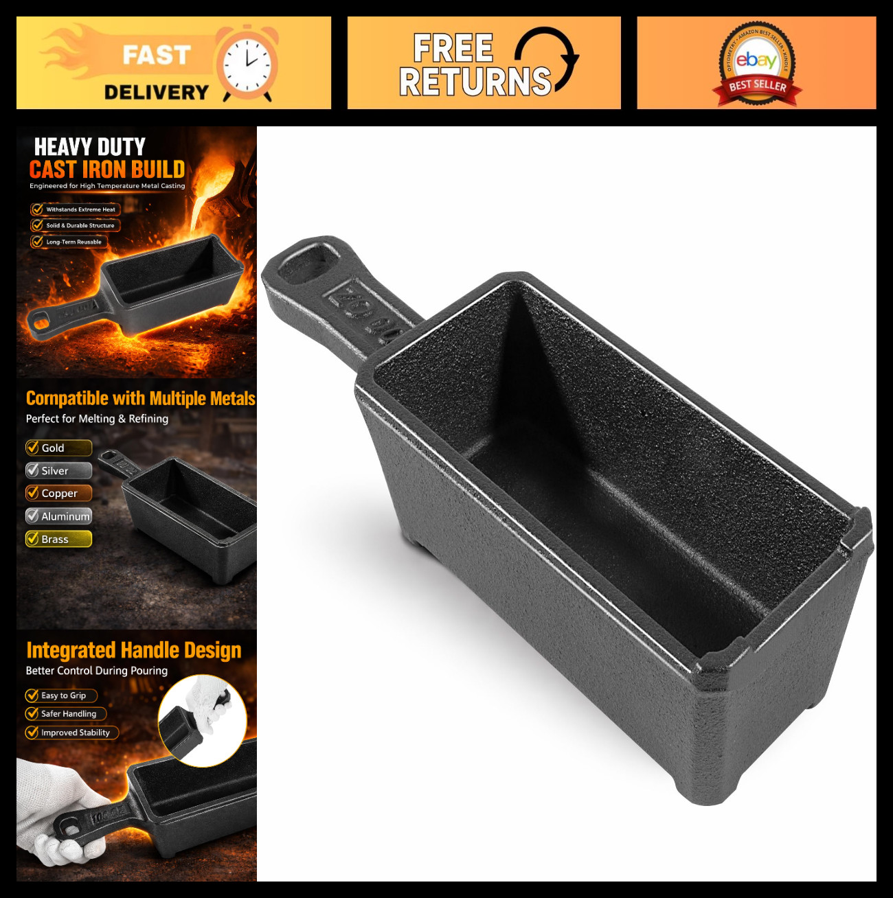 100 oz Cast Iron Ingot Mold with Handle – Metal Melting & Casting for Gold, Silv