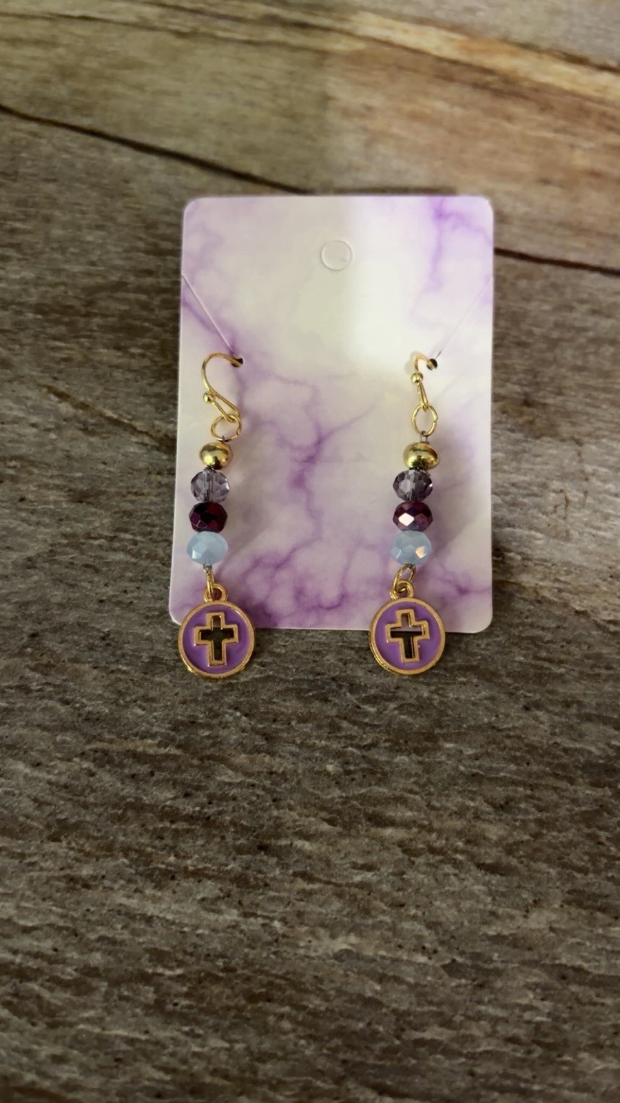 Handcrafted Purple Gold Beaded Cross Charm Dangle Earrings Glass Metal Religious