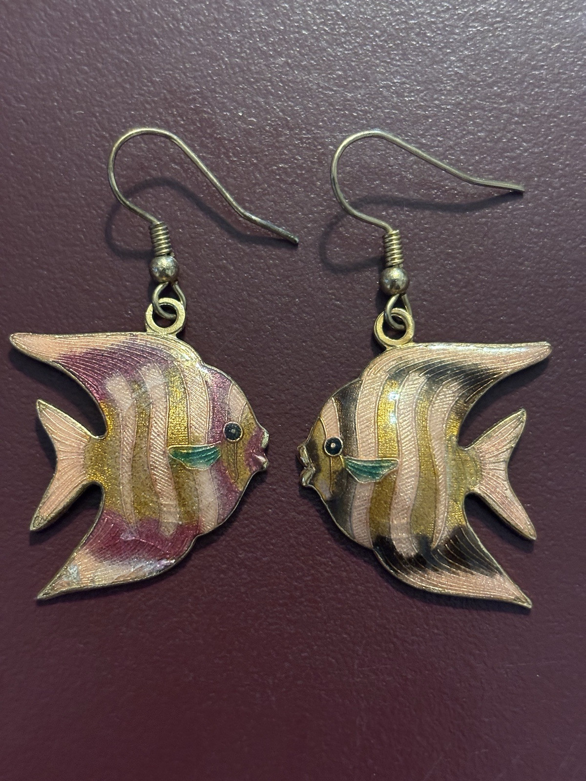 Vintage Cloisonné Enamel Male And Female Angelfish Earrings
