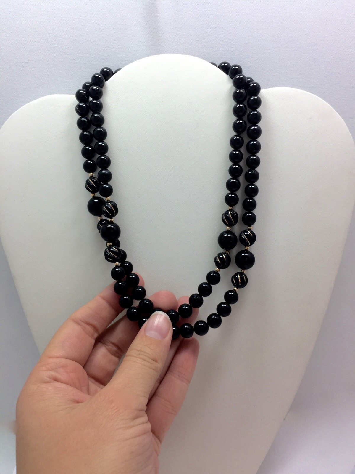 Vintage Estate Black Onyx Beaded Strand String Necklace 31 In Opera Length FMGE